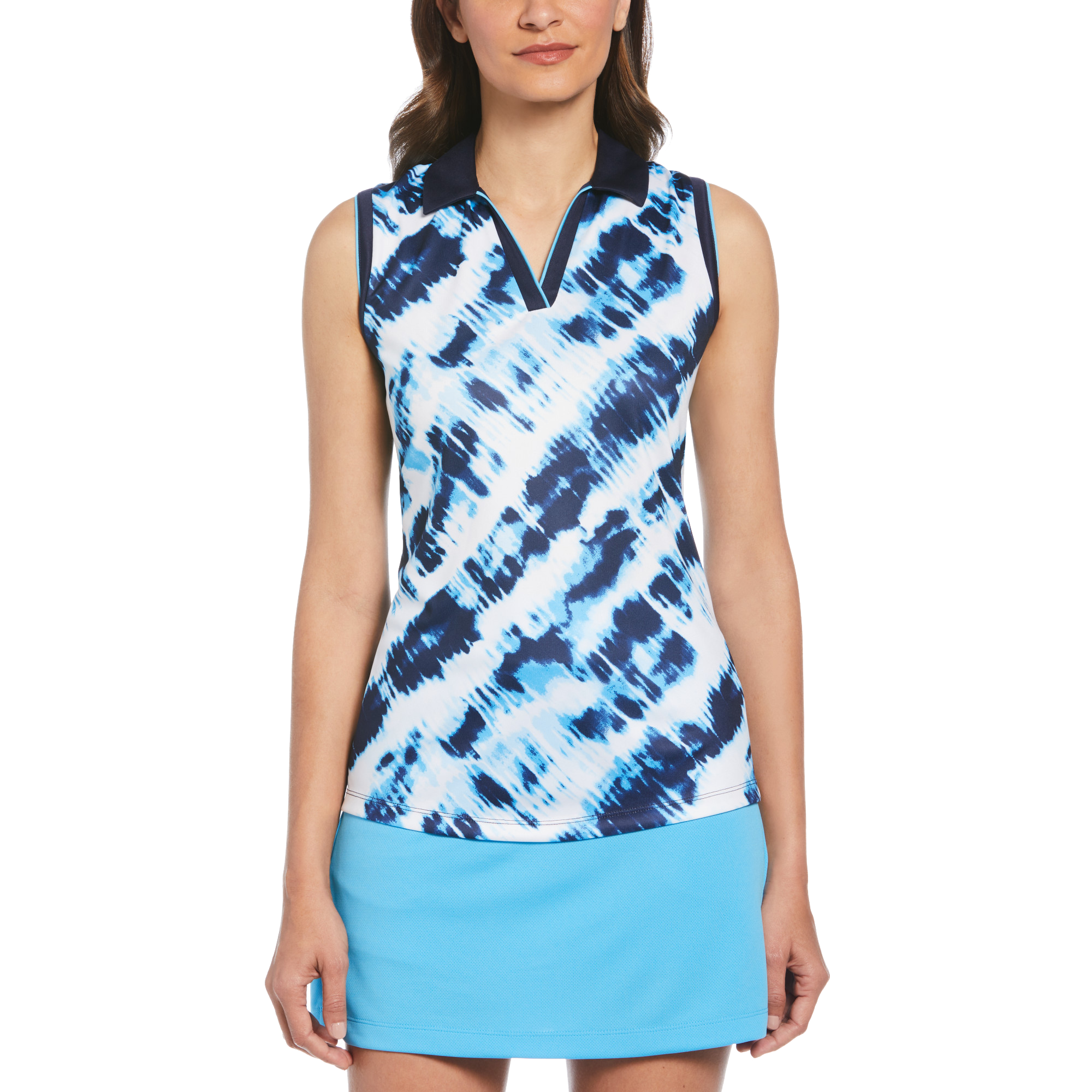 Diagonal Tie Dye Print Sleeveless Polo Shirt
