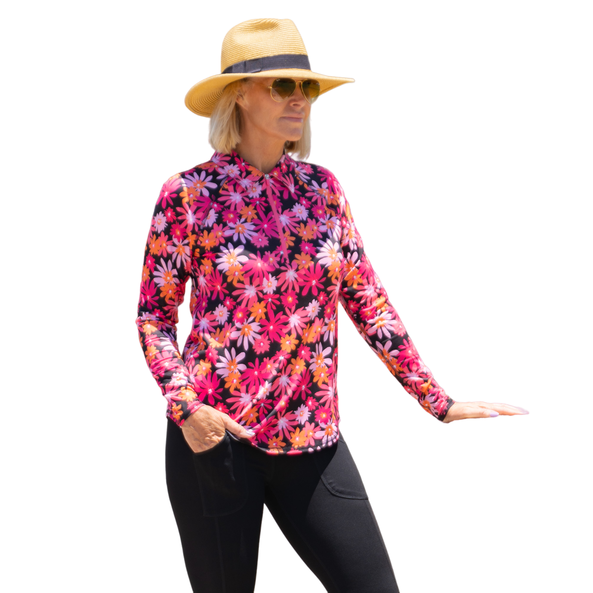 Watermelon Wine Collection: Floral Print UV Long Sleeve Quarter Zip Top