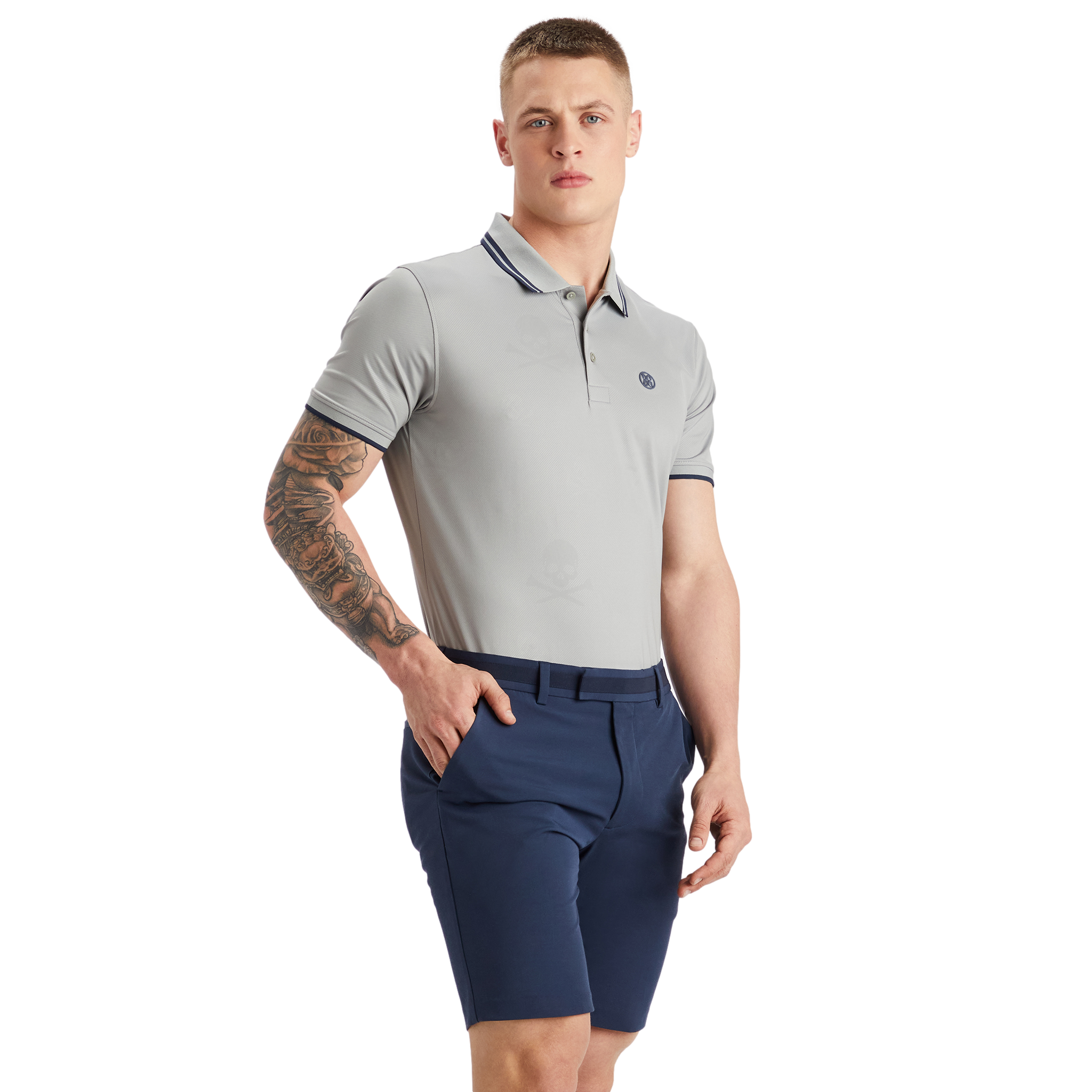 Skull & T's Debossed Tech Jersey Rib Collar Slim Fit Men's Short Sleeve Golf Polo Shirt