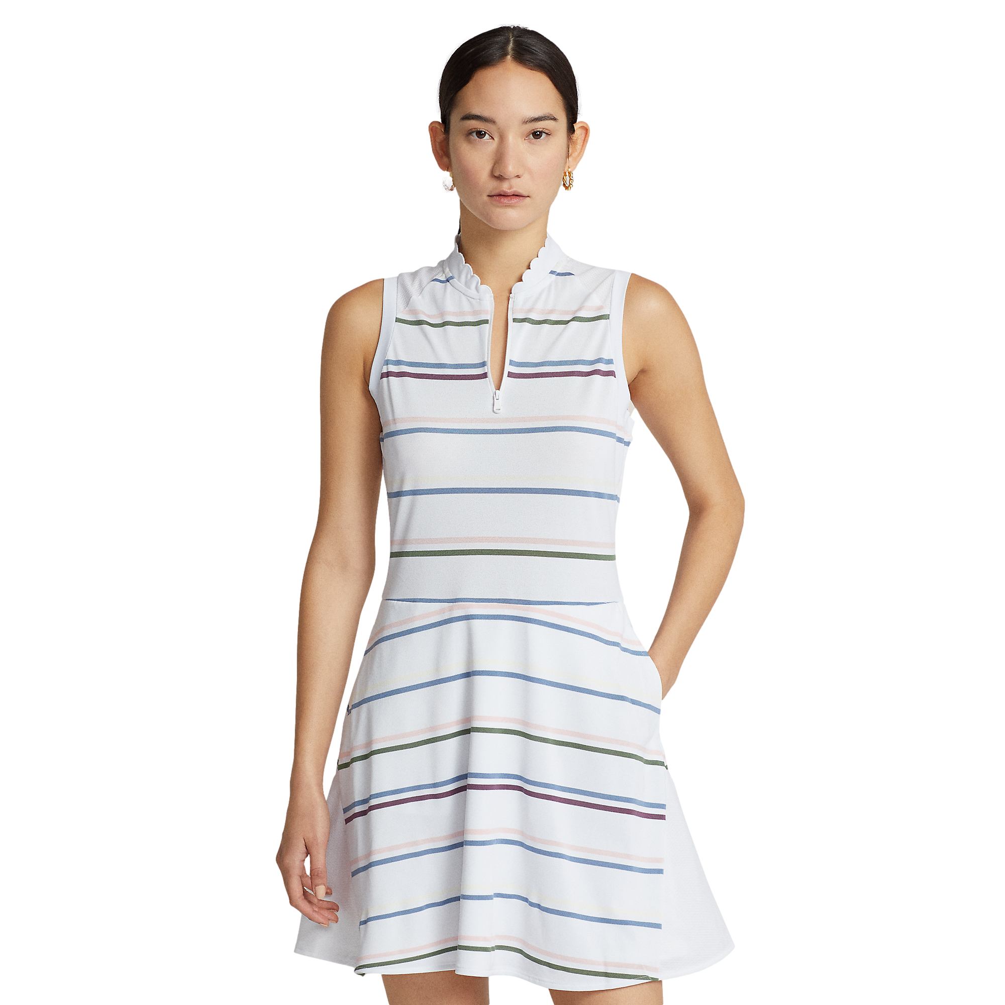 RLX Golf Striped Fit-and-Flare Sleeveless Piqué Dress | PGA