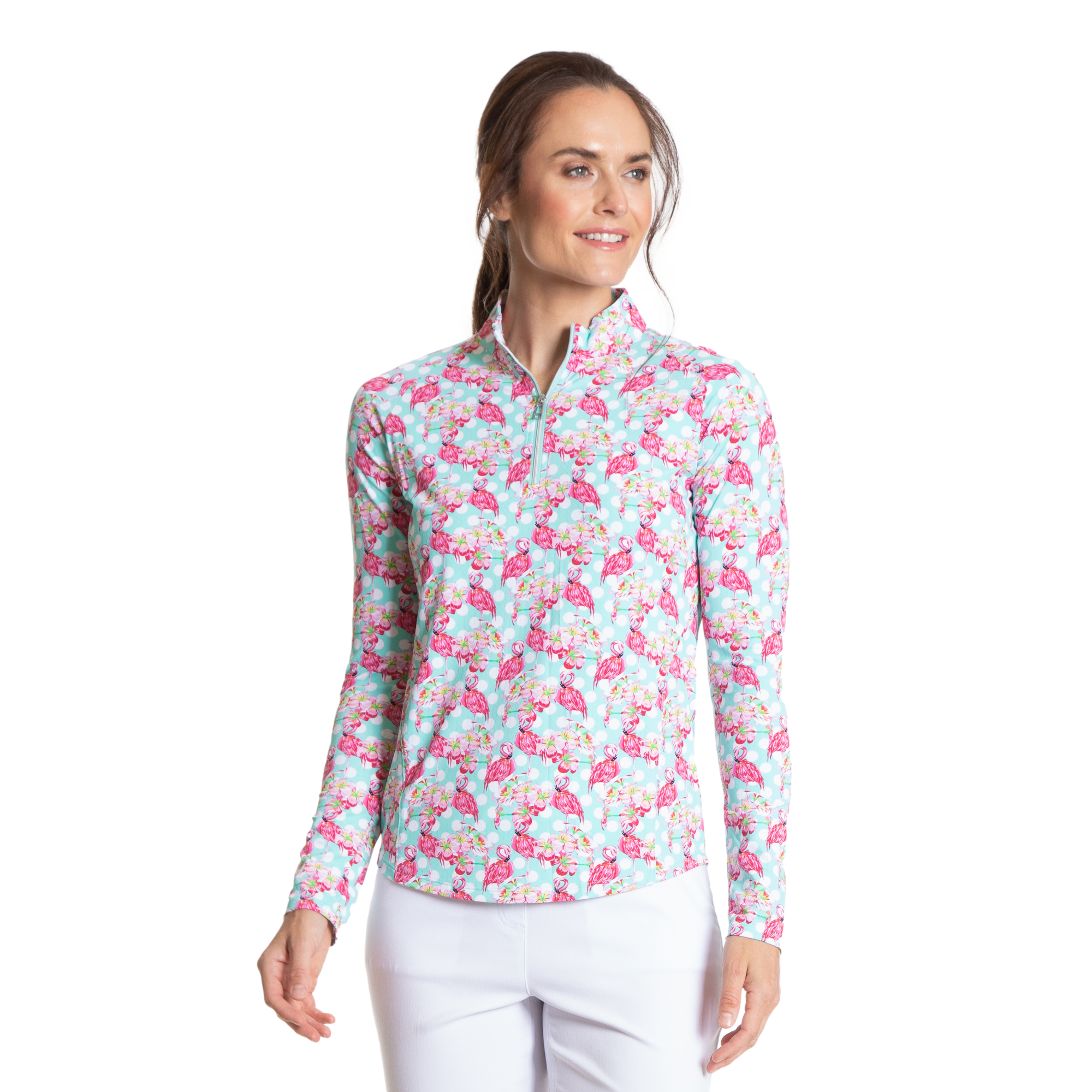 Flamingo Dot Print Sun Protection Quarter Zip Pull Over