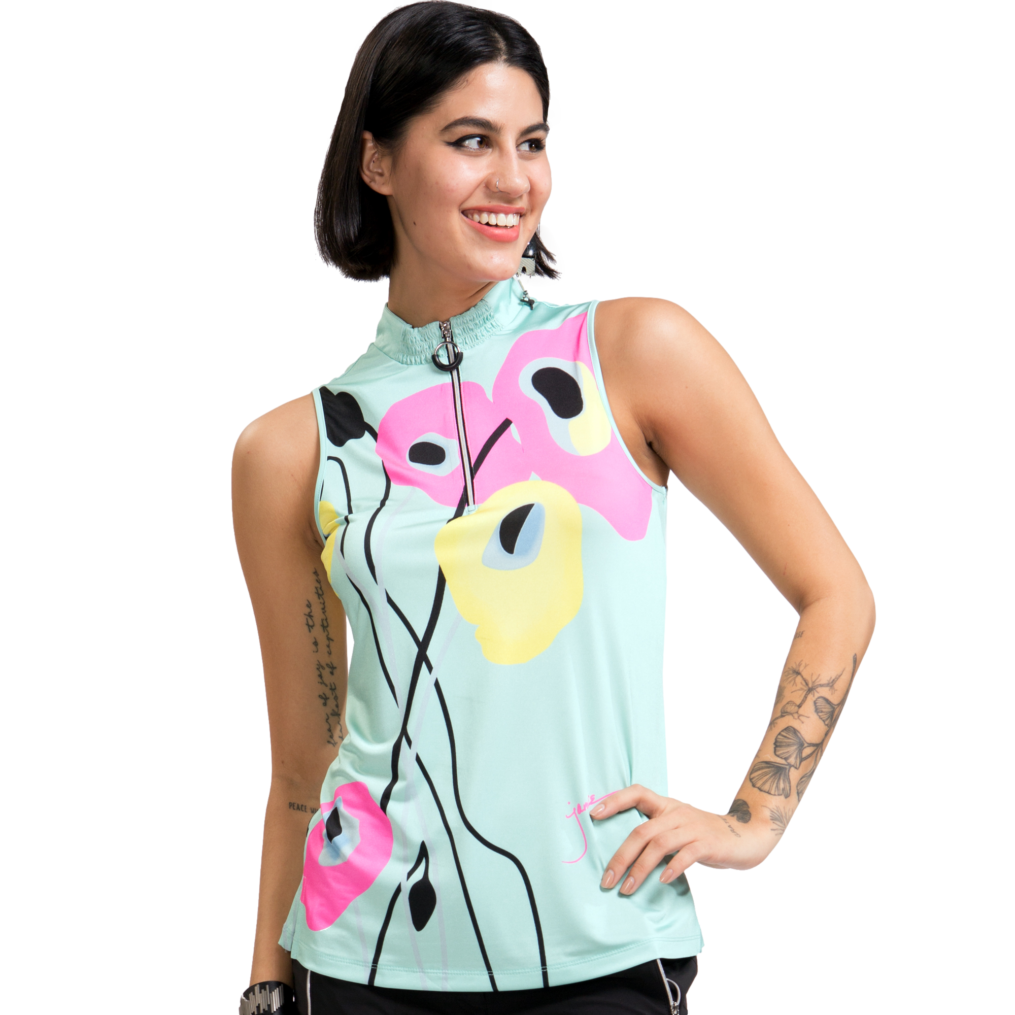 Poppies Floral Quarter Zip Women's Sleeveless Golf Shirt
