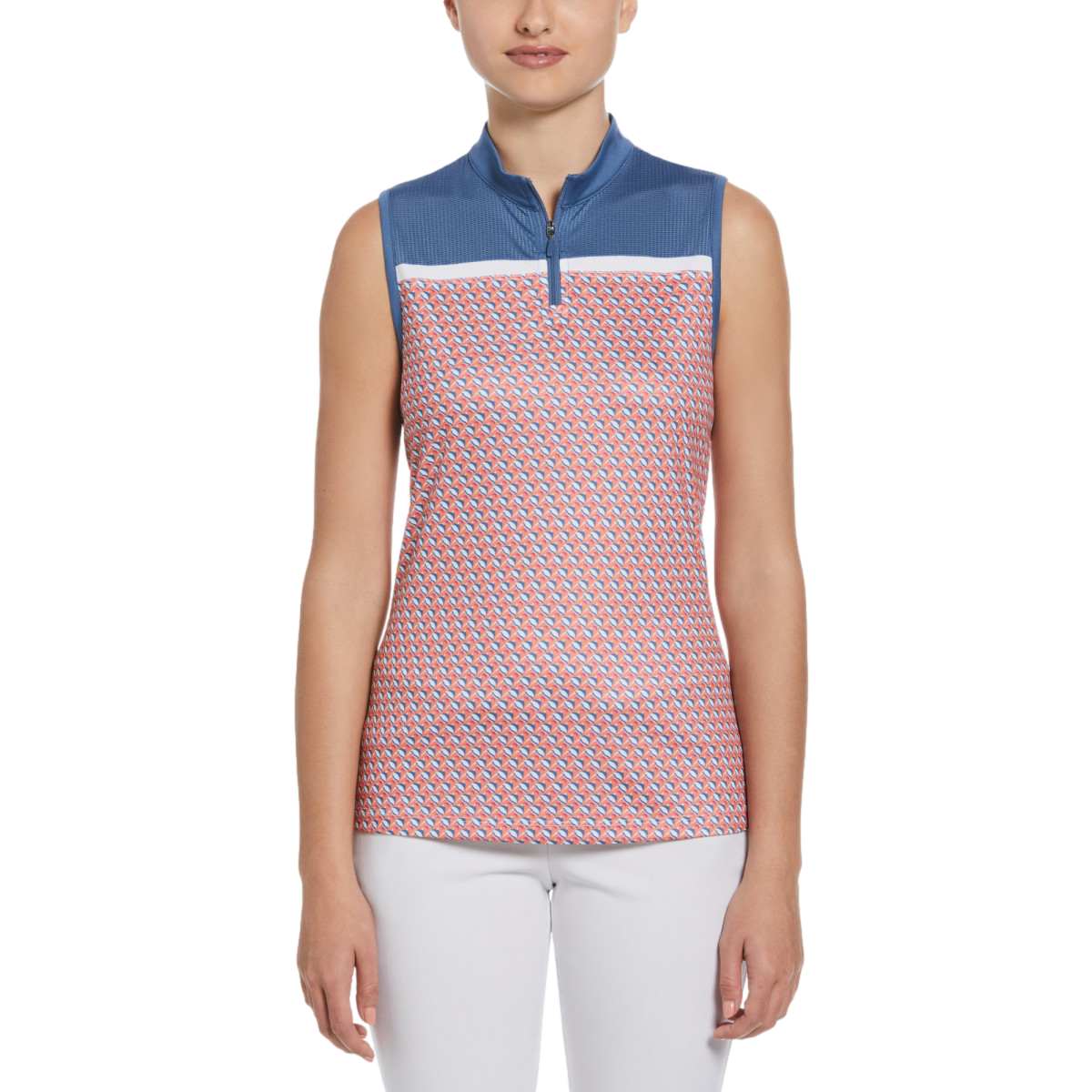 Geo Fish Print Sleeveless Racerback Polo Shirt