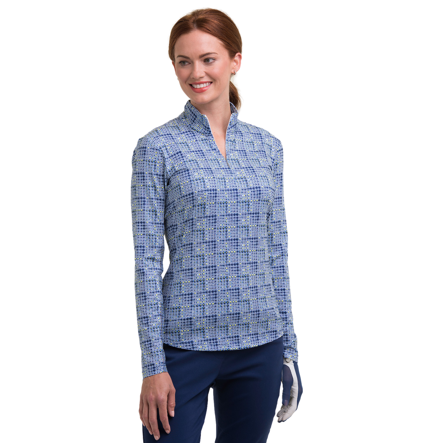 Geometric Grid Print Long  Sleeve Quarter Zip Pull Over