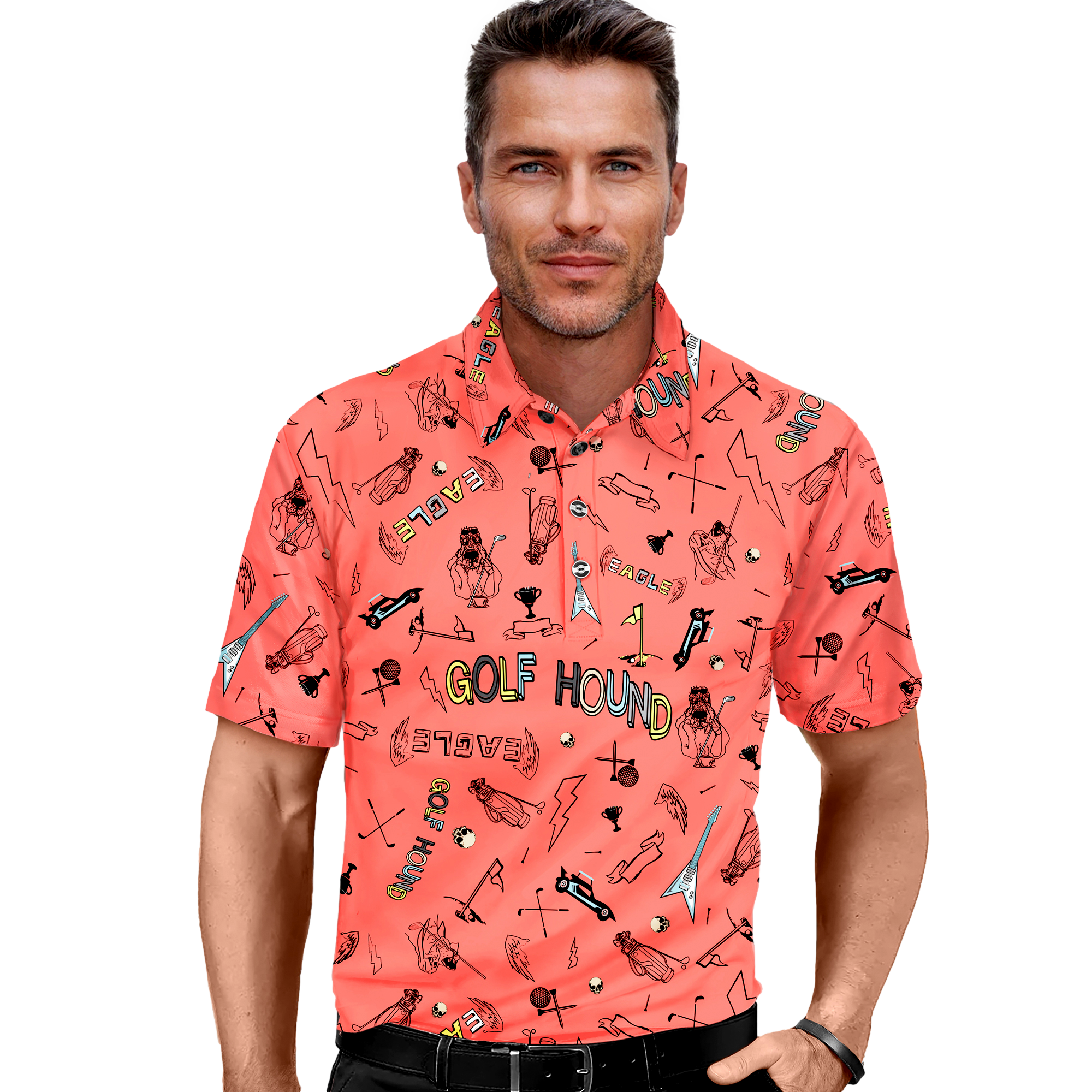 Hound Print Men's Short Sleeve Golf Polo Shirt