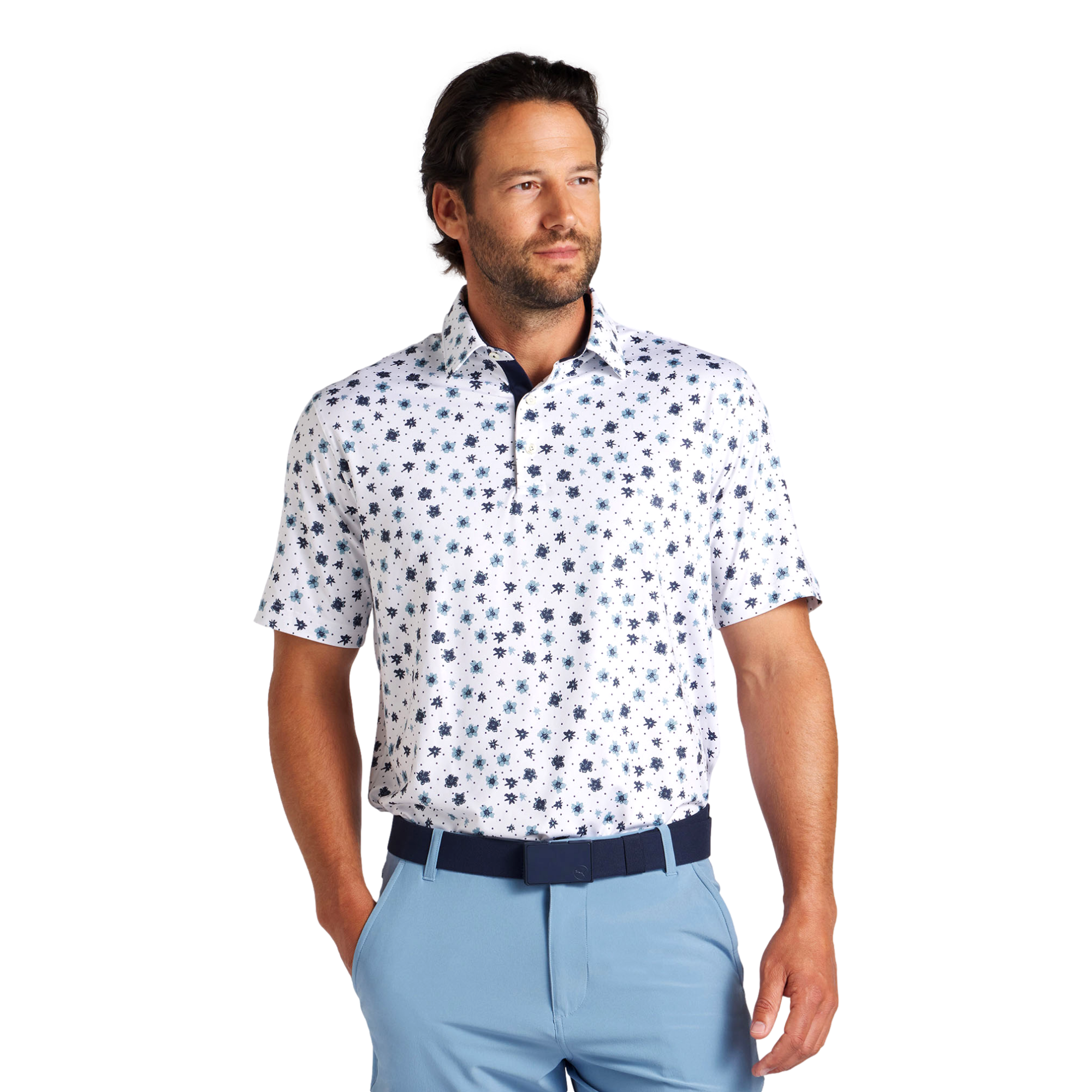 PUMA Men's CLOUDSPUN Floral Golf Polo, White/Blue, XXL