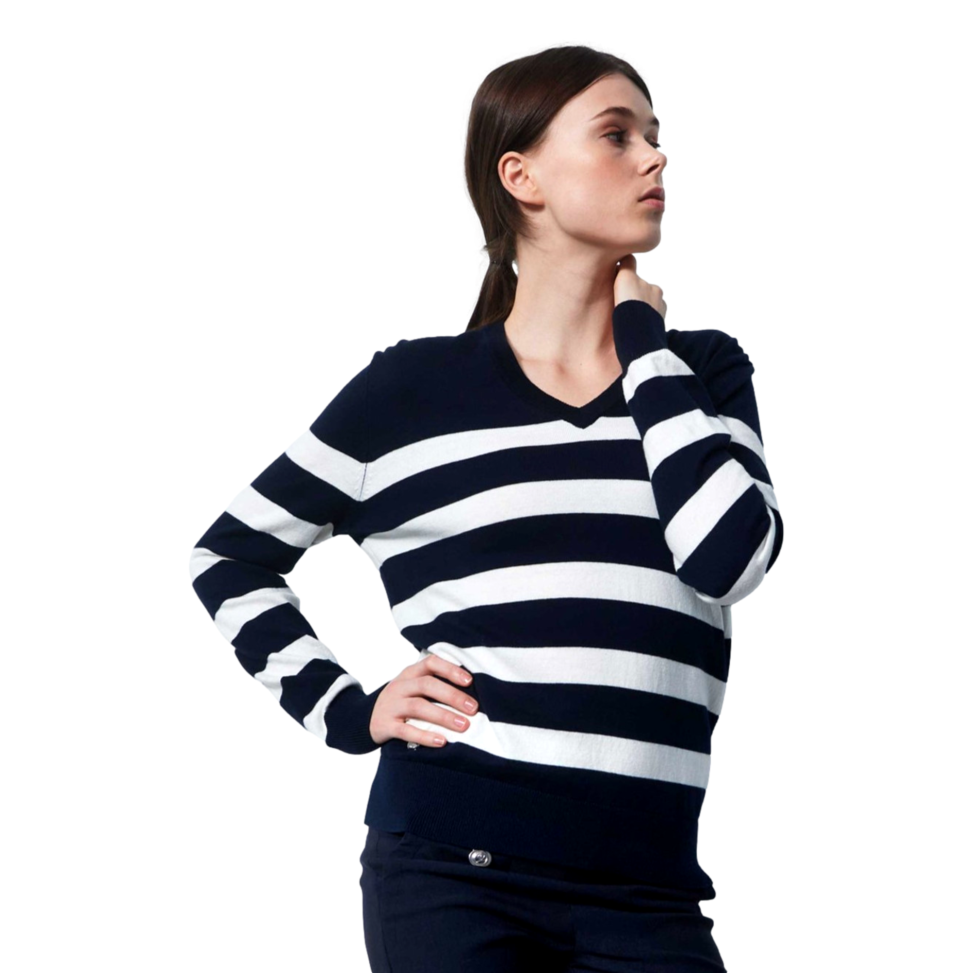 Daily Ferarra V-Neck Striped Sweater, White/Black, XL