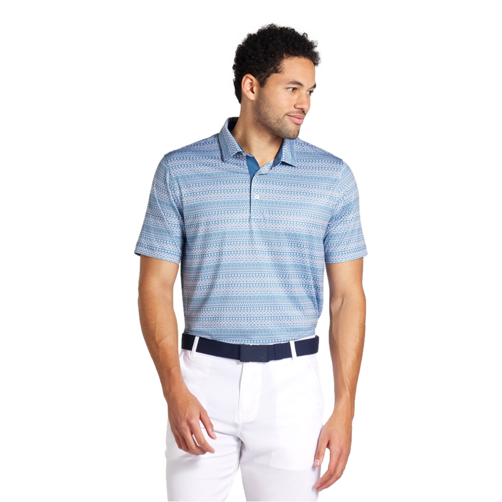 PUMA Fair Isle Micro Print Short Sleeve Polo Shirt, Blue/White, XXL