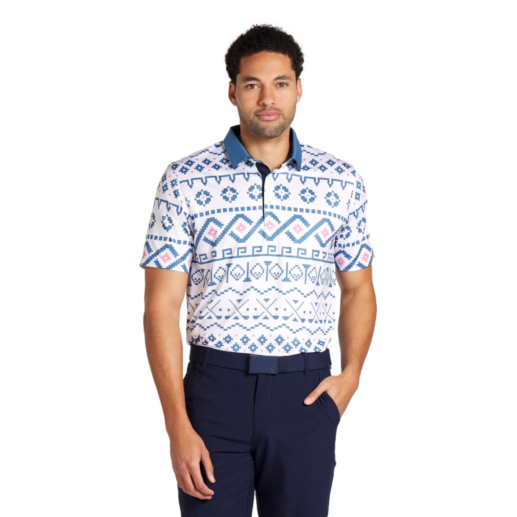 PUMA Fair Isle Print Short Sleeve Polo Shirt, White/Blue, XXL