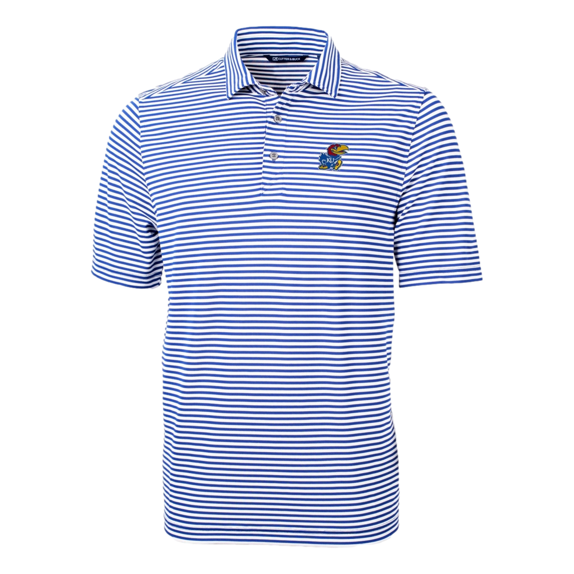 Kansas Jayhawks Cutter & Buck Virtue Eco Pique Stripe Recycled Men's Short Sleeve Golf Polo Shirt