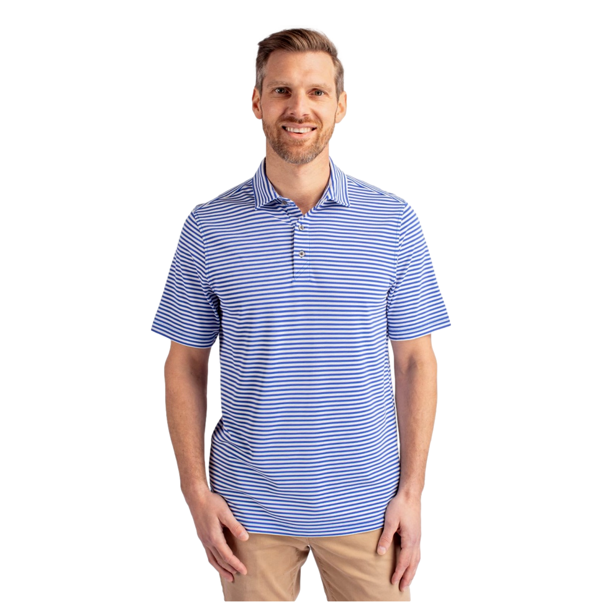 Kansas Jayhawks Cutter & Buck Virtue Eco Pique Stripe Recycled Men's Short Sleeve Golf Polo Shirt
