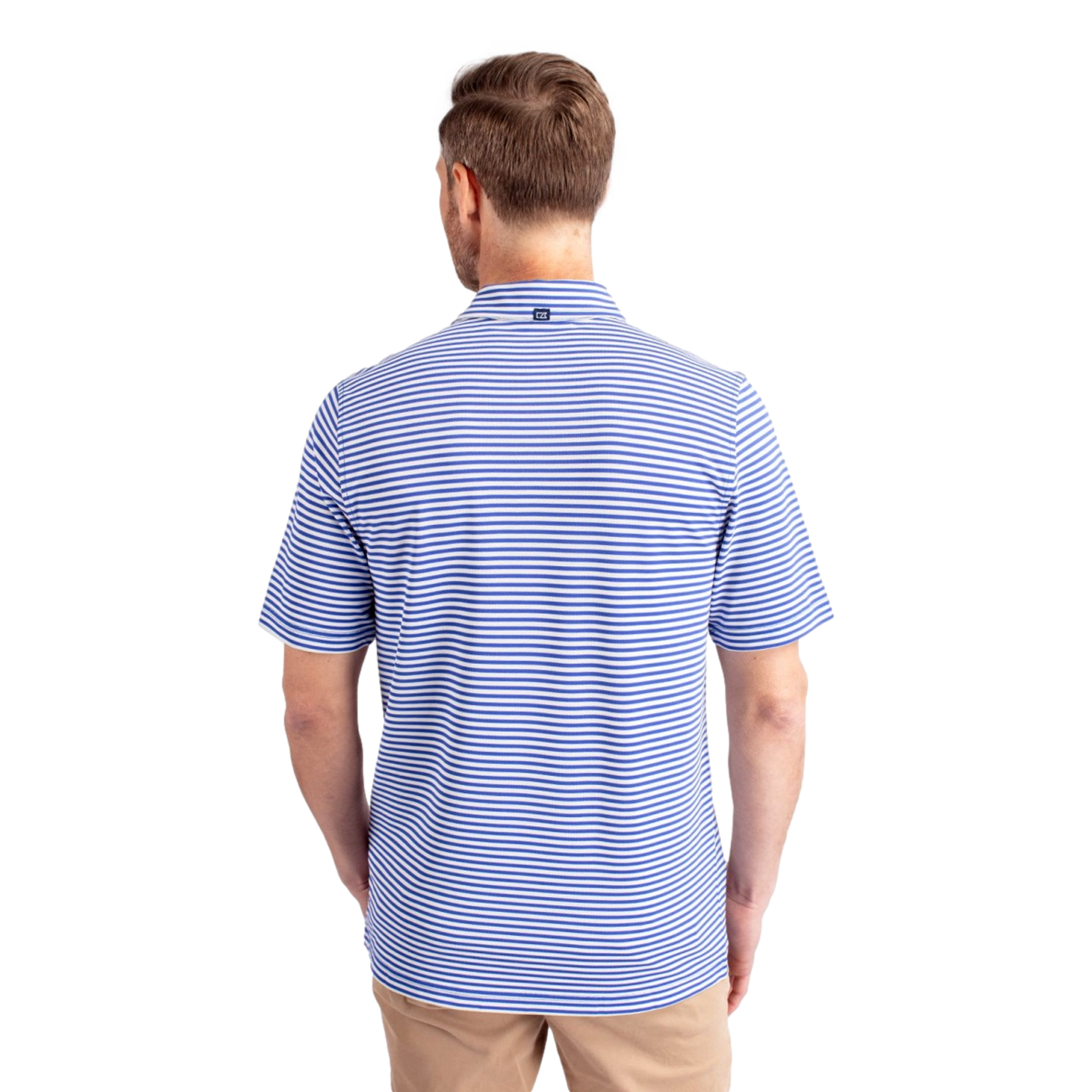 Kansas Jayhawks Cutter & Buck Virtue Eco Pique Stripe Recycled Men's Short Sleeve Golf Polo Shirt