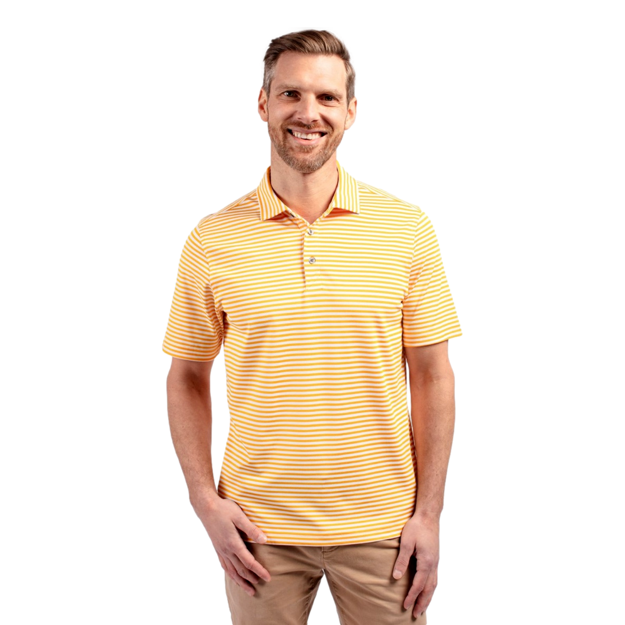 Michigan Wolverines Cutter & Buck Virtue Eco Pique Stripe Recycled Men's Short Sleeve Golf Polo Shirt