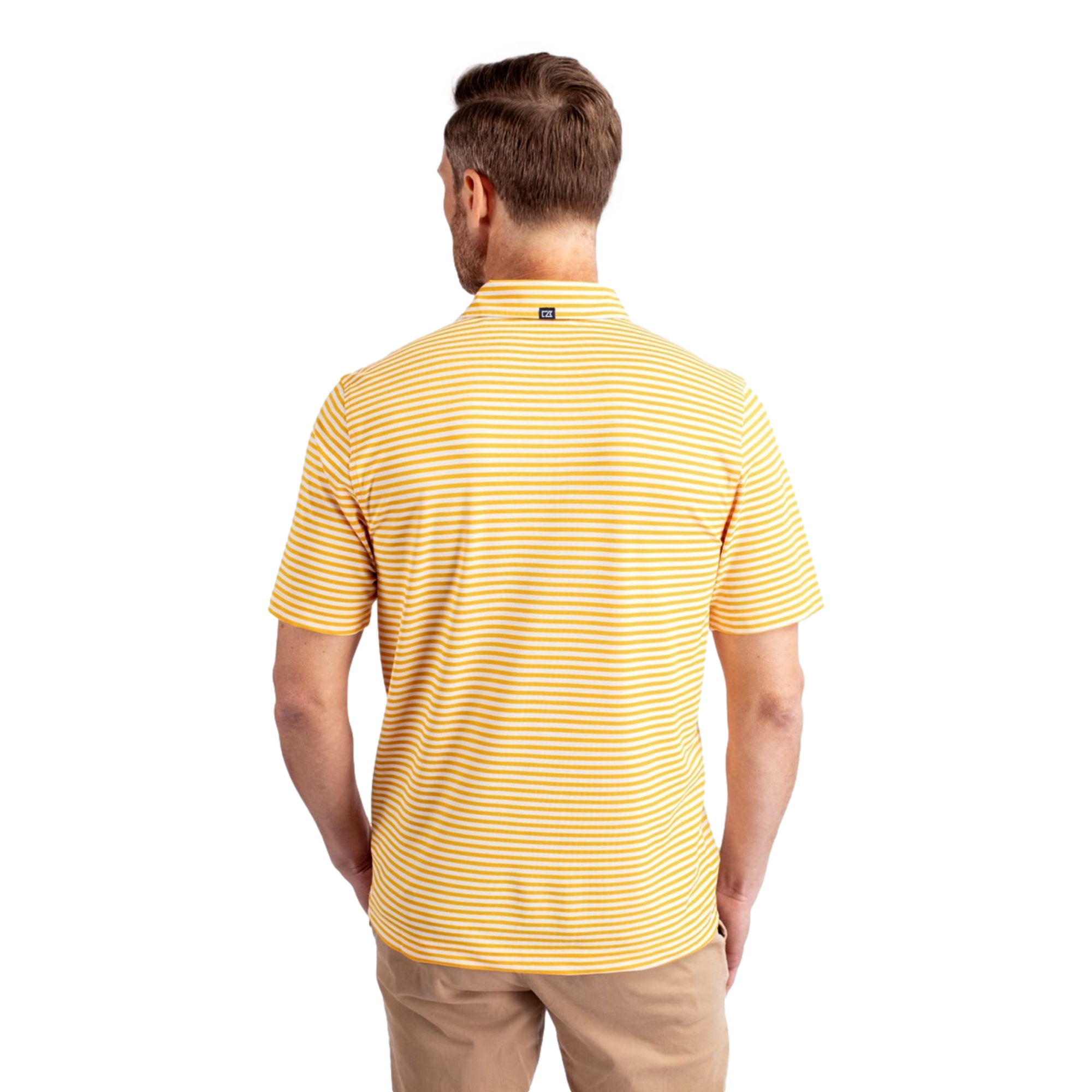 Michigan Wolverines Cutter & Buck Virtue Eco Pique Stripe Recycled Men's Short Sleeve Golf Polo Shirt