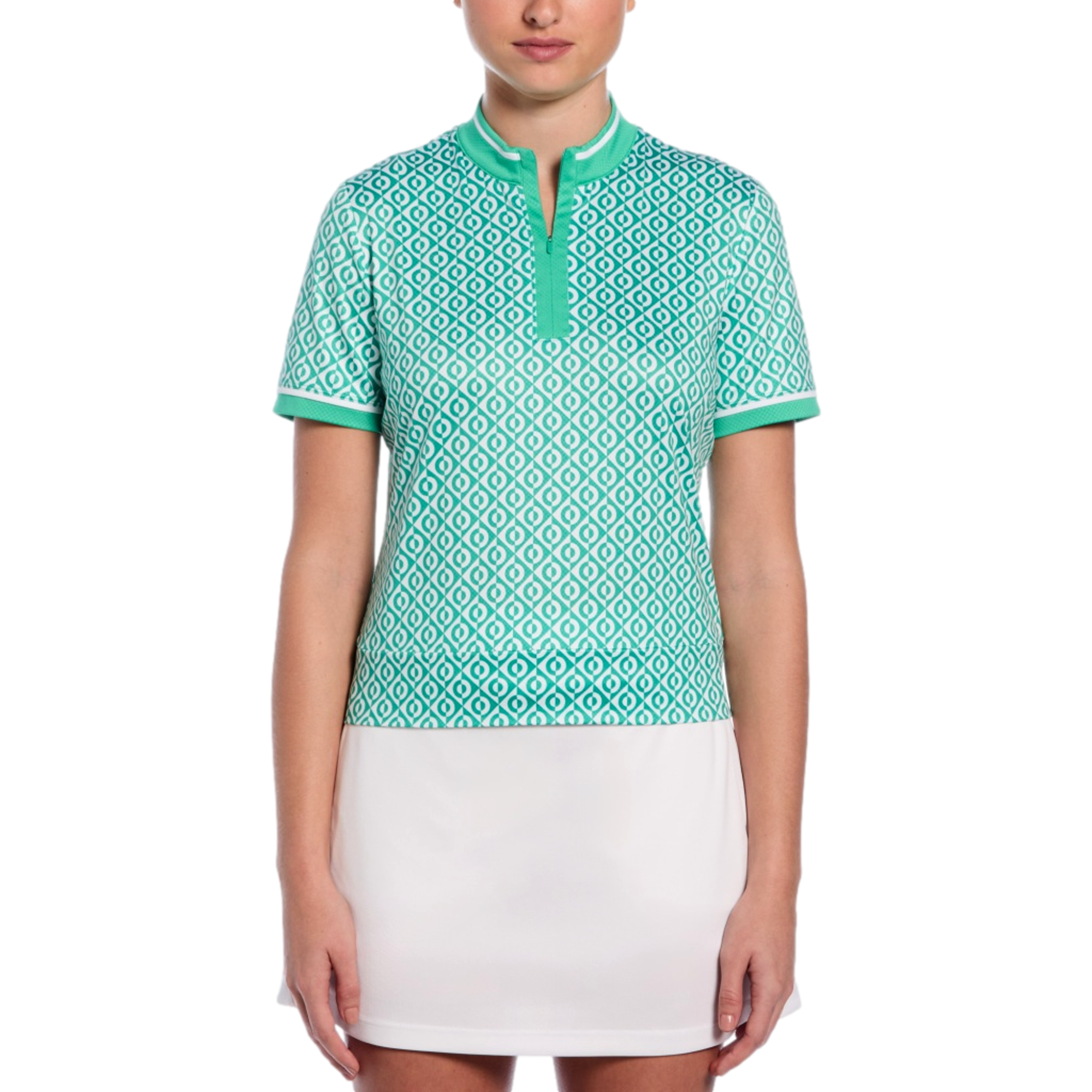 Geo Waist Length Polo w/ Piping Women's Short Sleeve Golf Polo Shirt