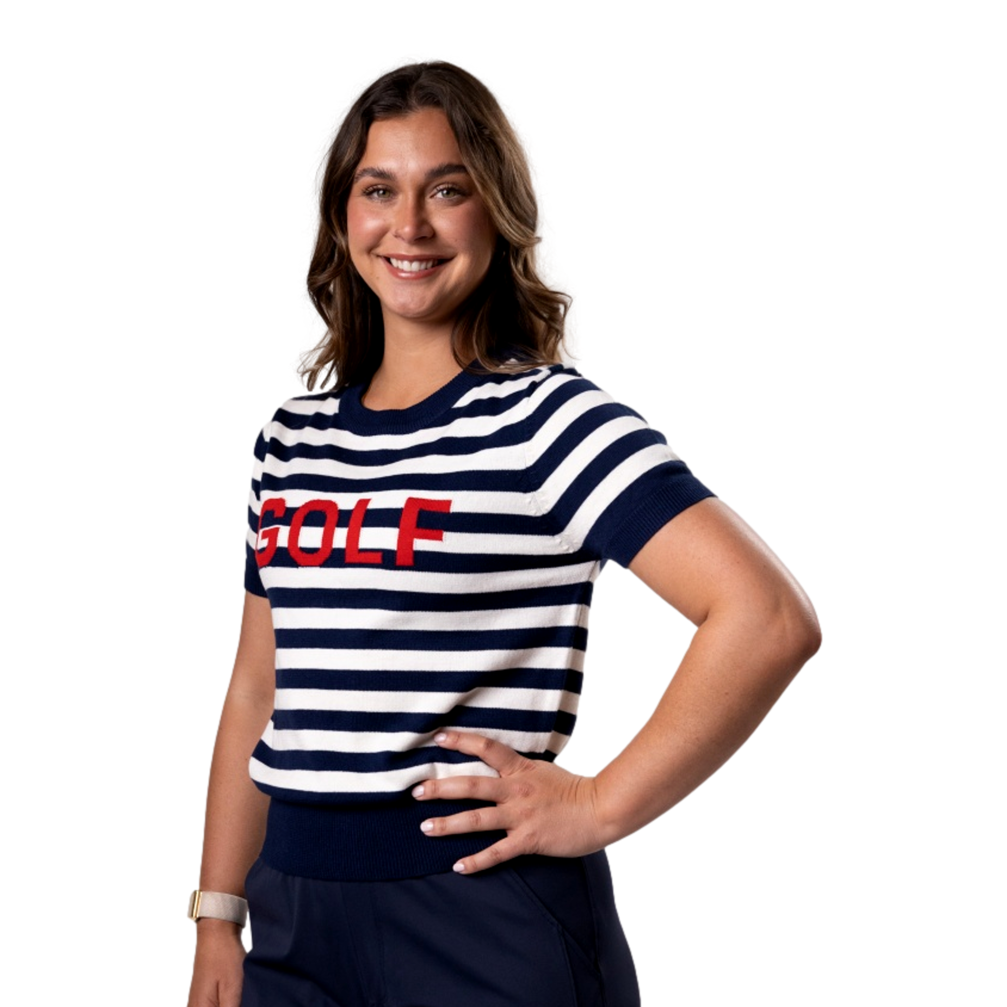 Striped Knit Women's Short Sleeve Golf Sweater