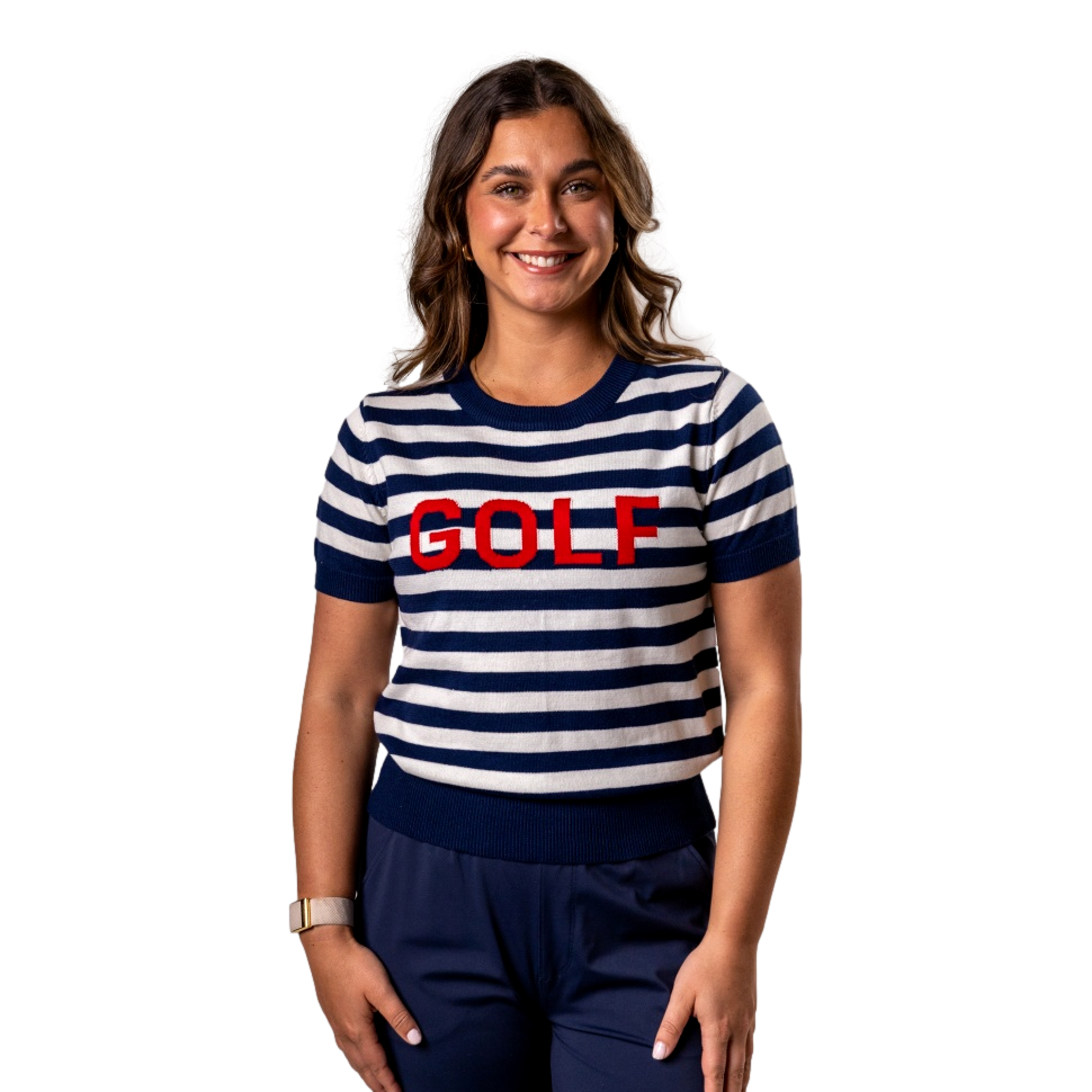 Striped Knit Women's Short Sleeve Golf Sweater