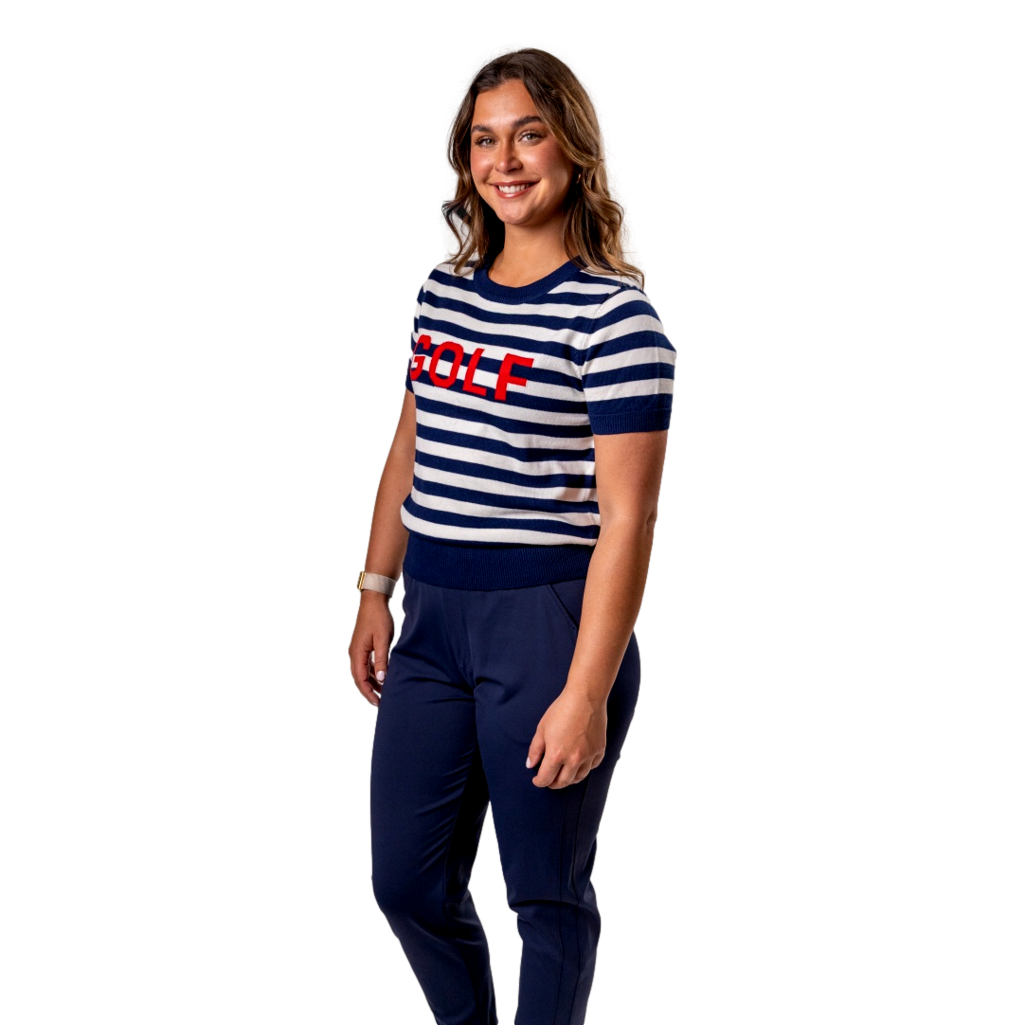 Striped Knit Women's Short Sleeve Golf Sweater