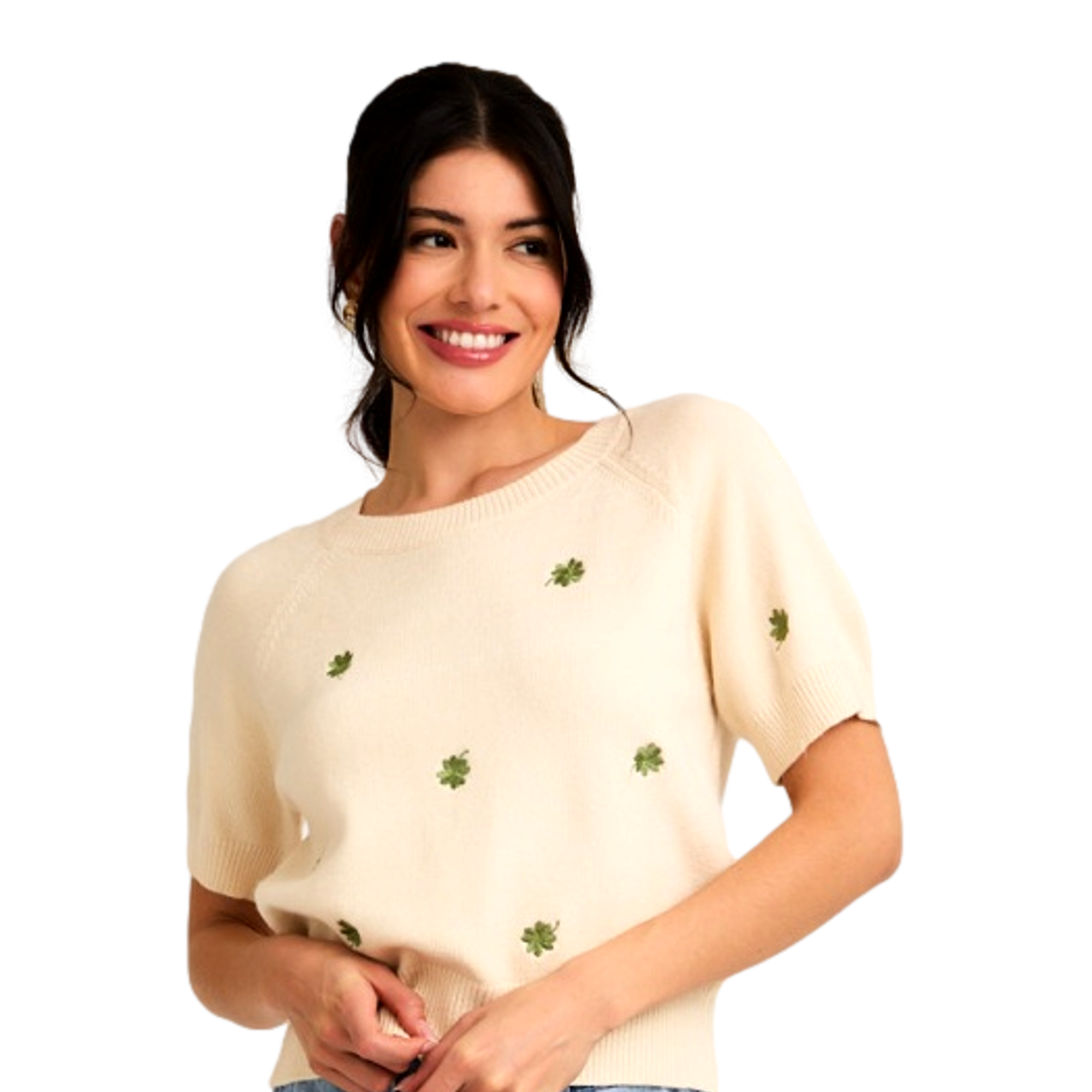 Women's Scattered Shamrock Knit Short Sleeve Sweater