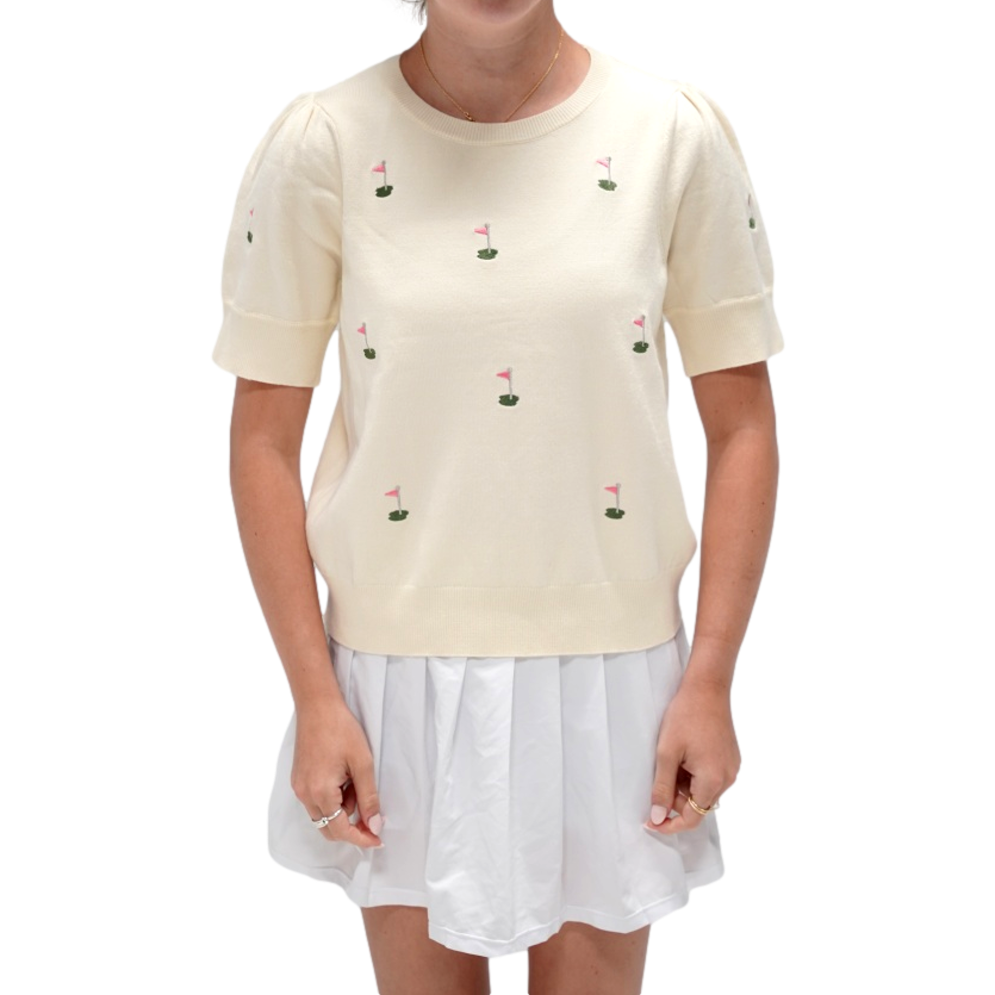Women's Golf Flag Embroidered Short Sleeve Sweater