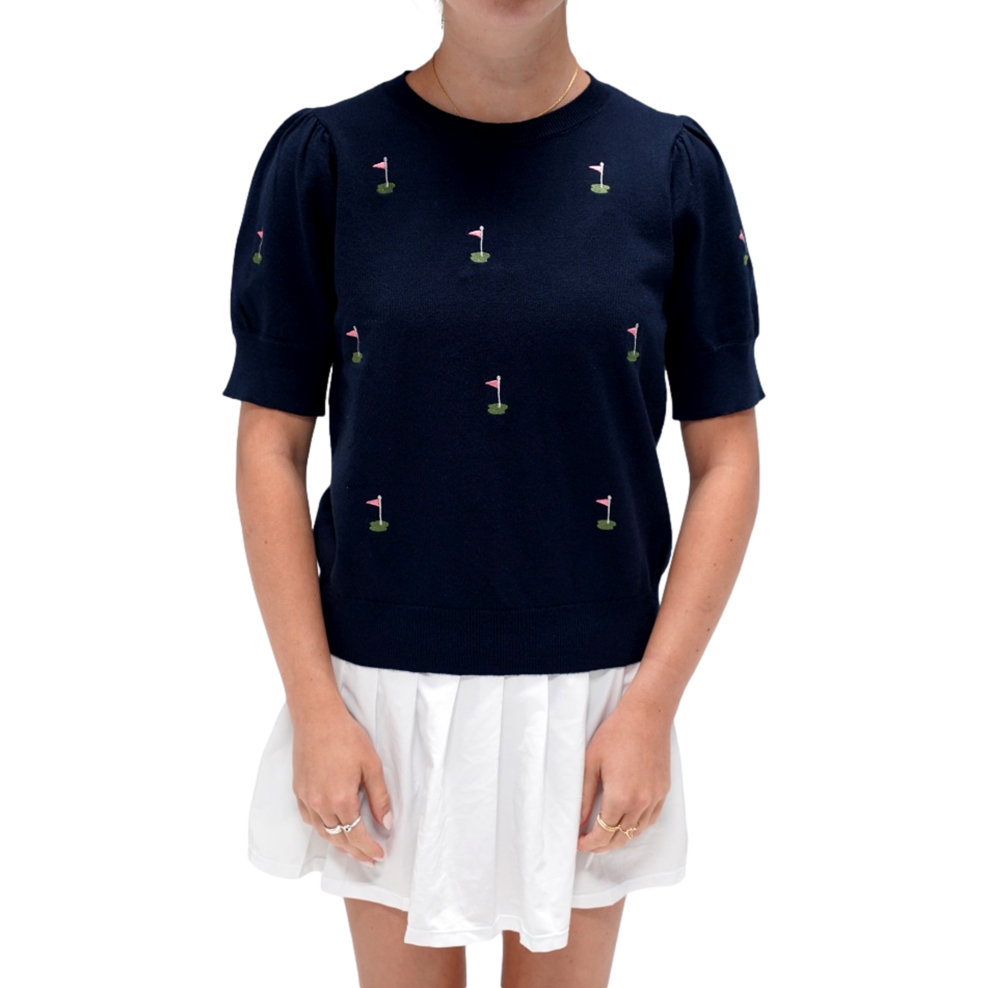 Women's Golf Flag Embroidered Short Sleeve Sweater