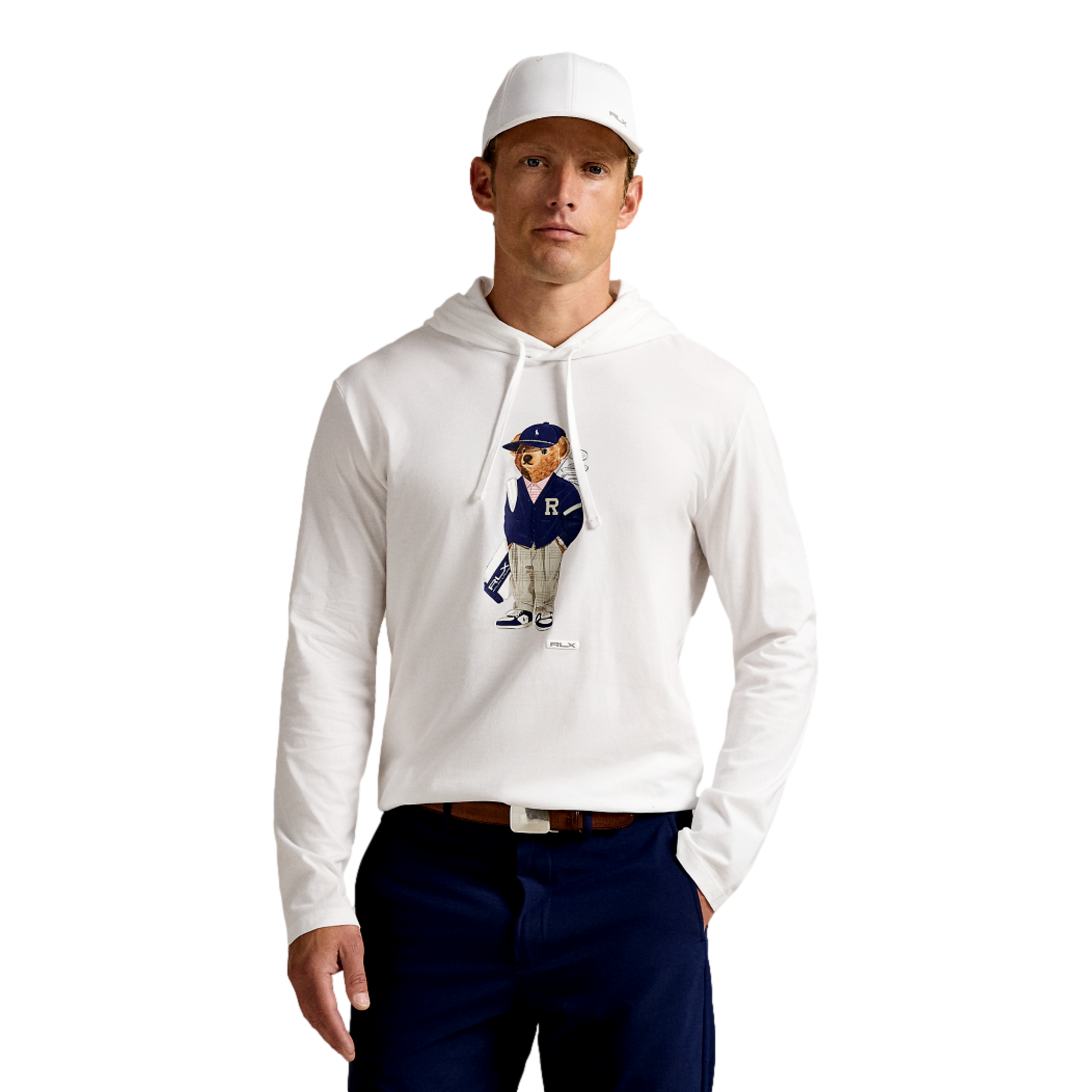 Jersey Knit Polo Bear Men's Long Sleeve Golf Hooded Shirt