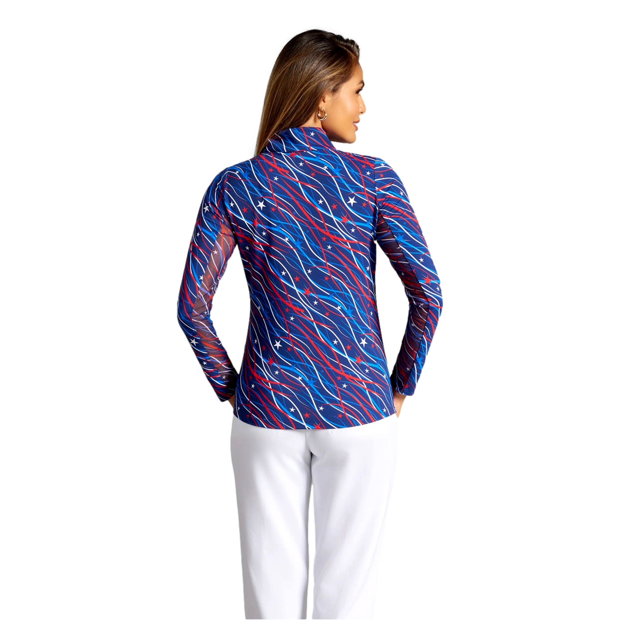 Women's Patriotic Confetti Print Mock Neck Quarter Zip