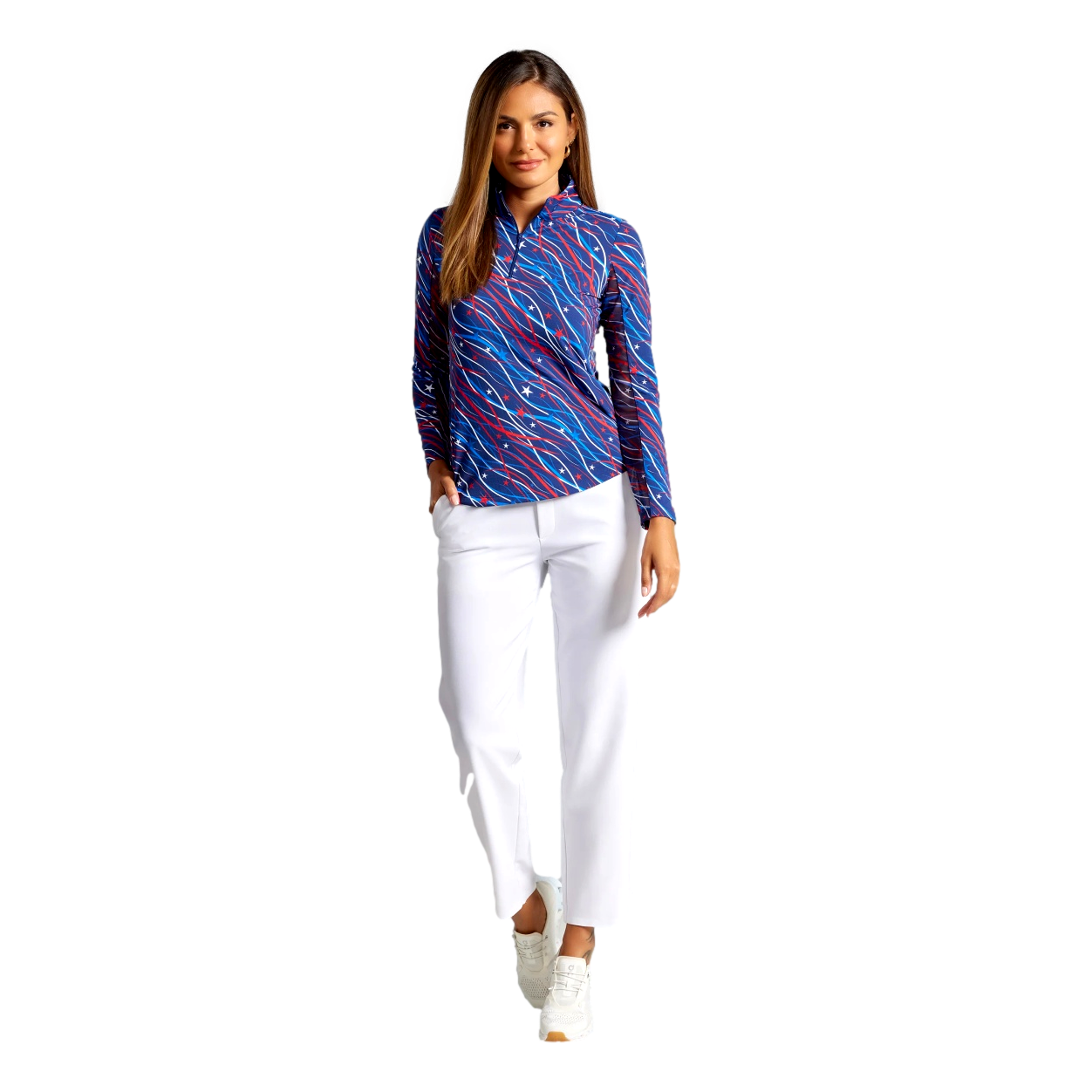 Women's Patriotic Confetti Print Mock Neck Quarter Zip