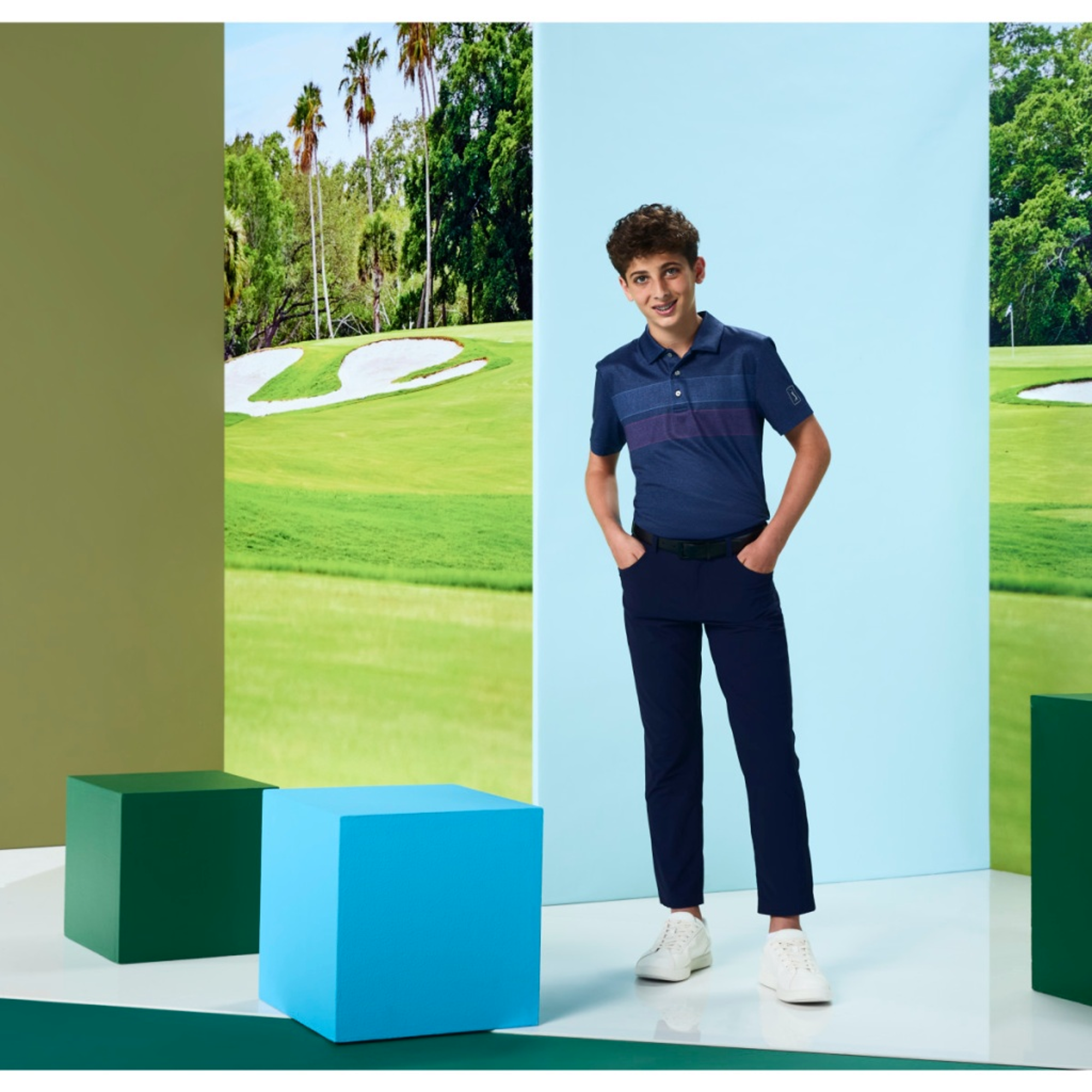 Motion Chest Stripe Print Short Sleeve Boys Golf Polo Shirt