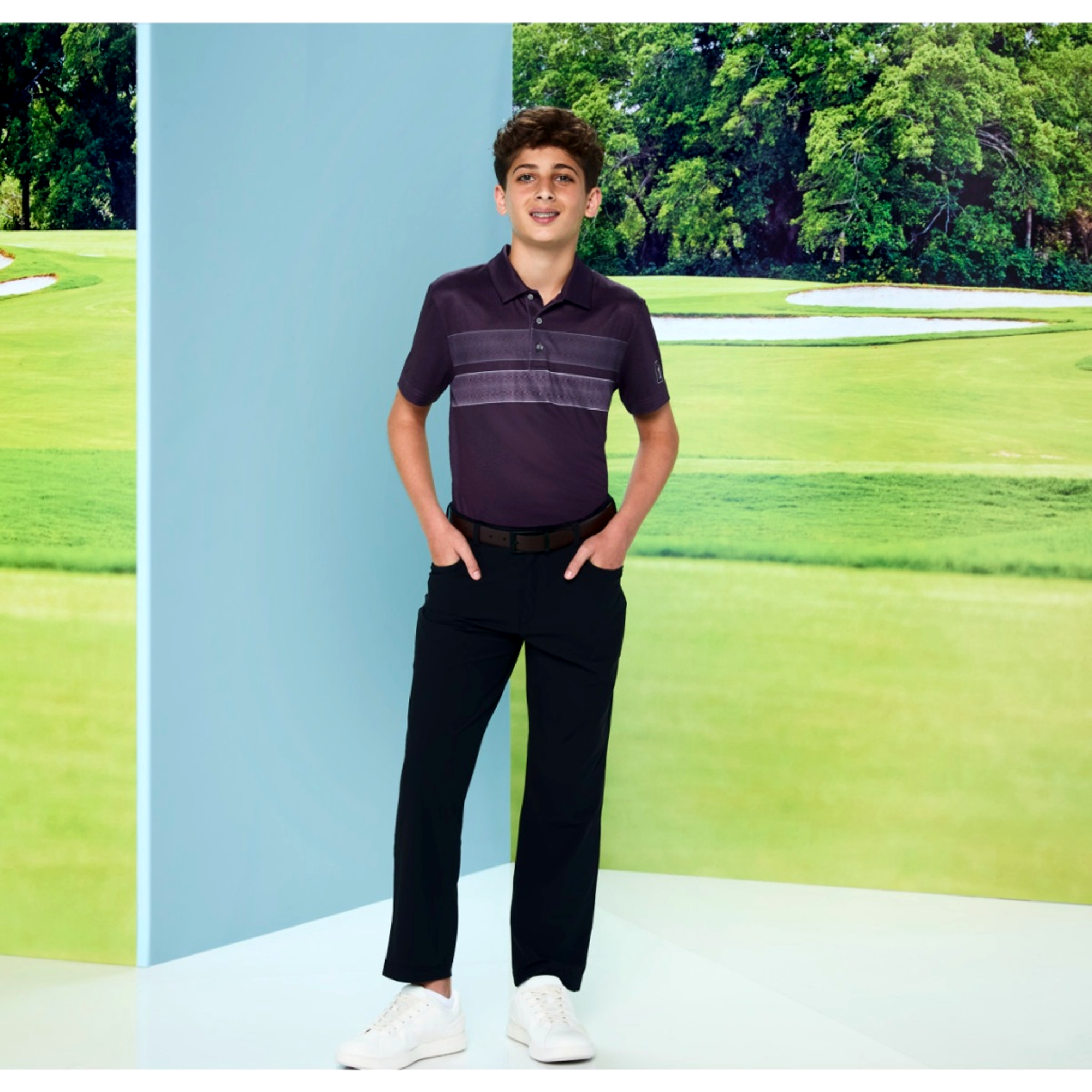 Motion Chest Stripe Print Short Sleeve Boys Golf Polo Shirt