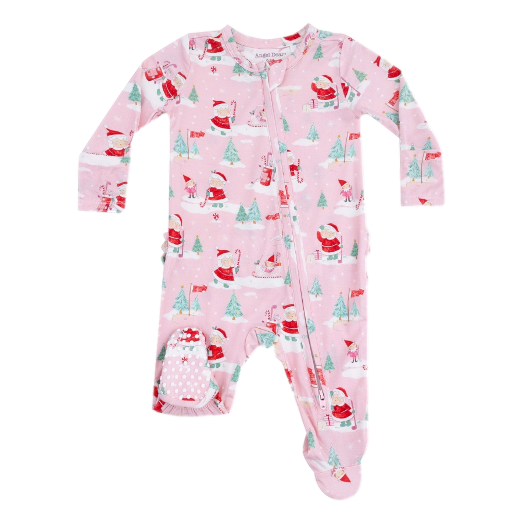 Golfing Mrs. Claus and Elves - 2 Way Zipper Ruffle Back Footie