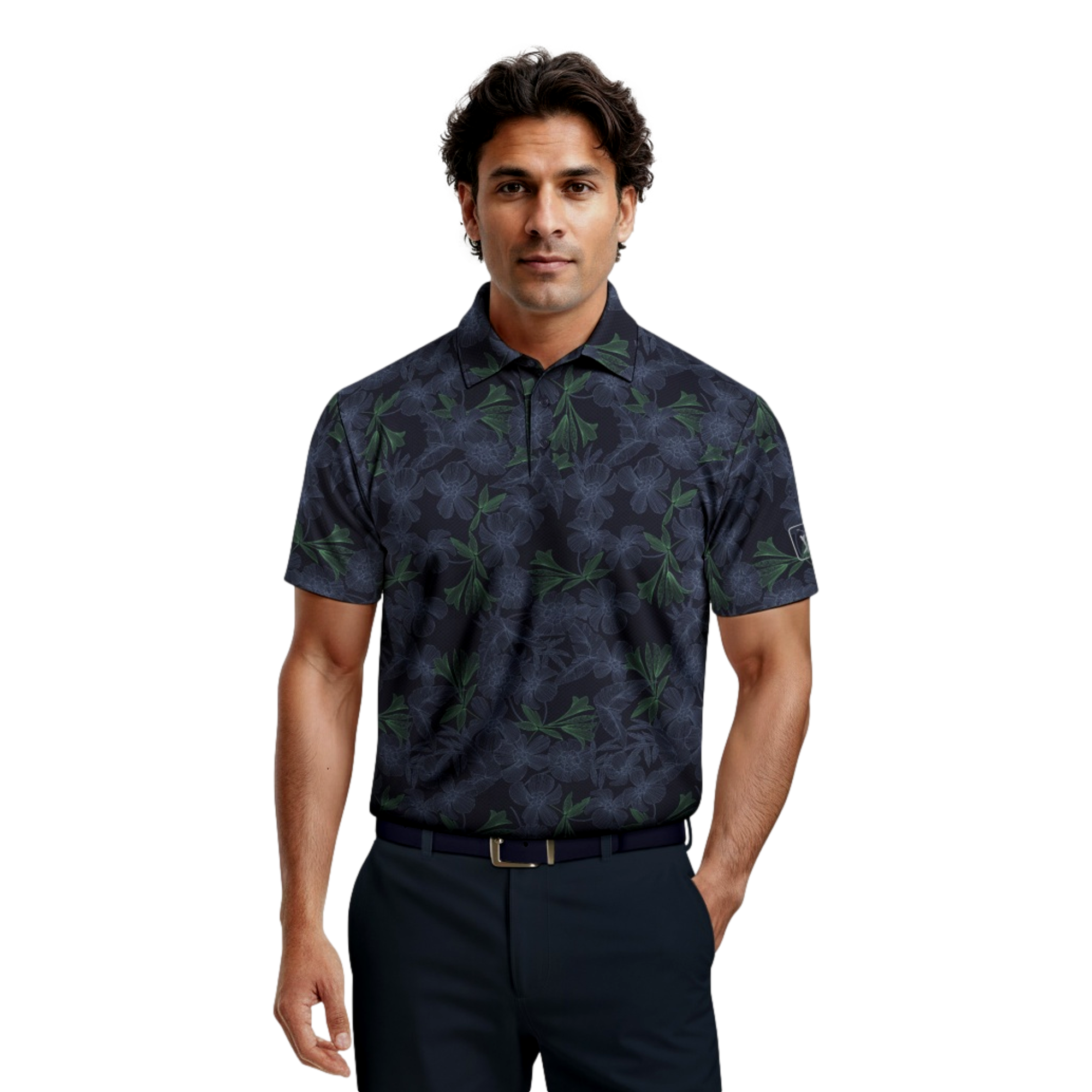 Linear Botanical Printed Men's Golf Polo Shirt