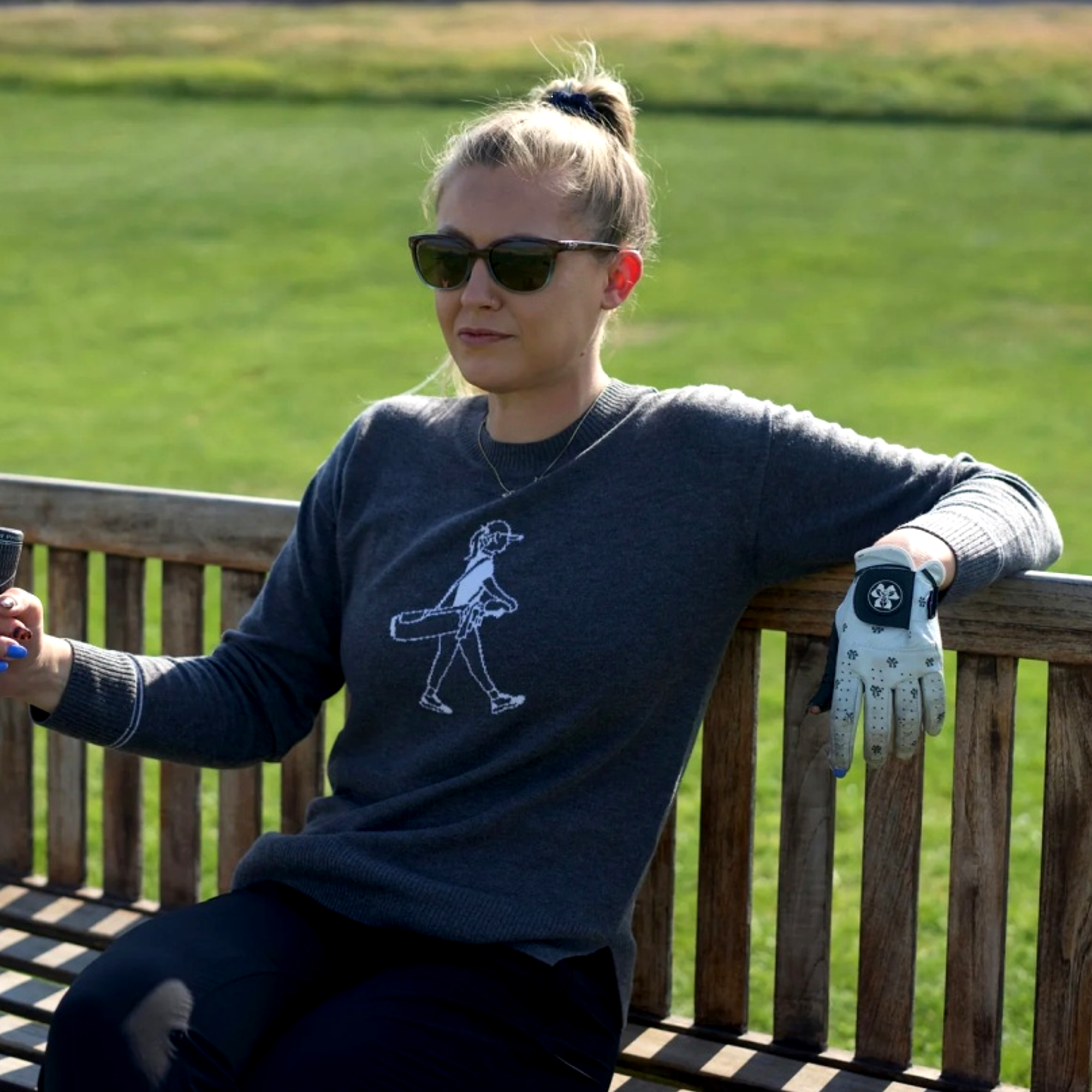 Walking Girl Embroidered Crewneck Women's Golf Sweater