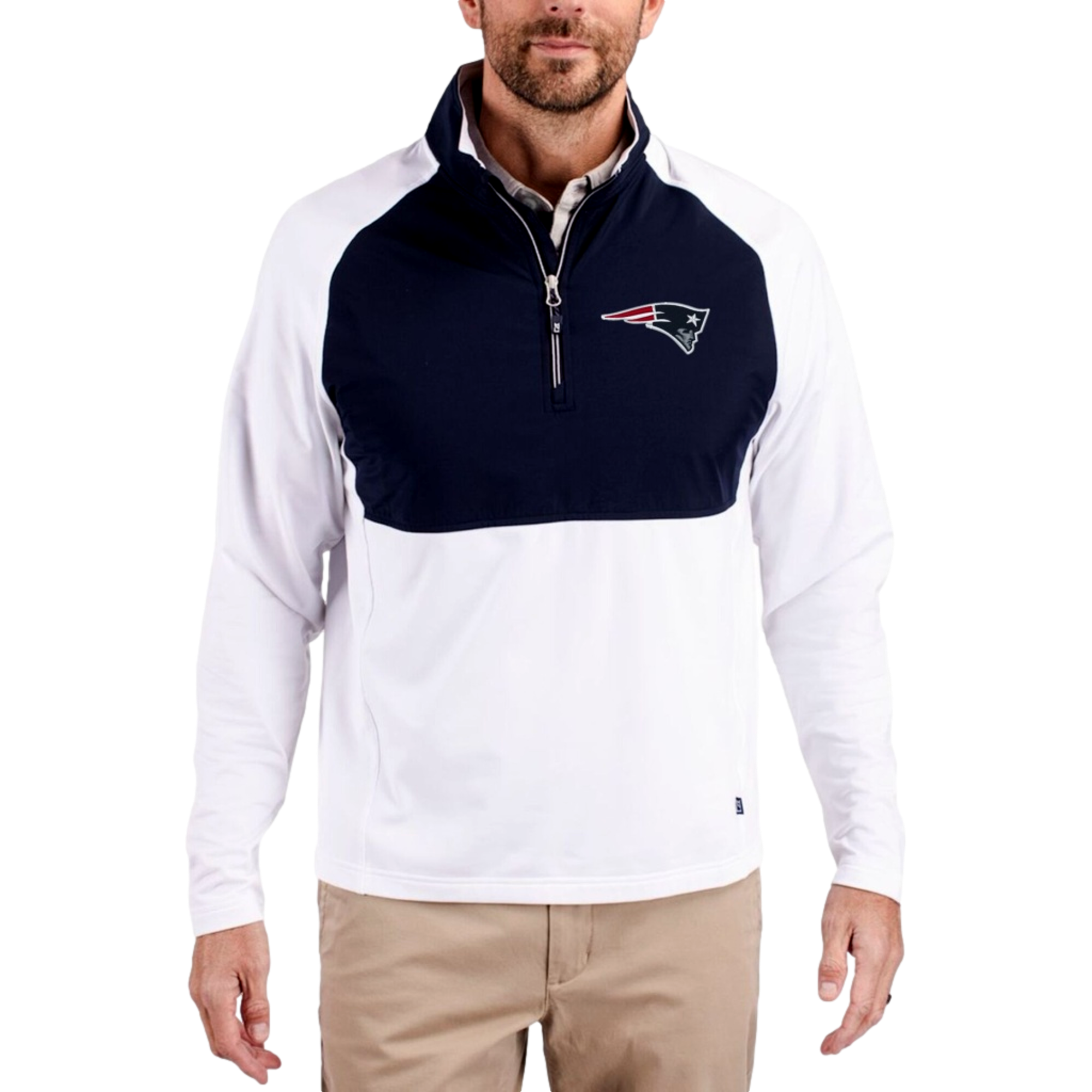 Men's Cutter & Buck Navy/White New England Patriots Adapt Eco Knit Hybrid Recycled Quarter-Zip Raglan Jacket