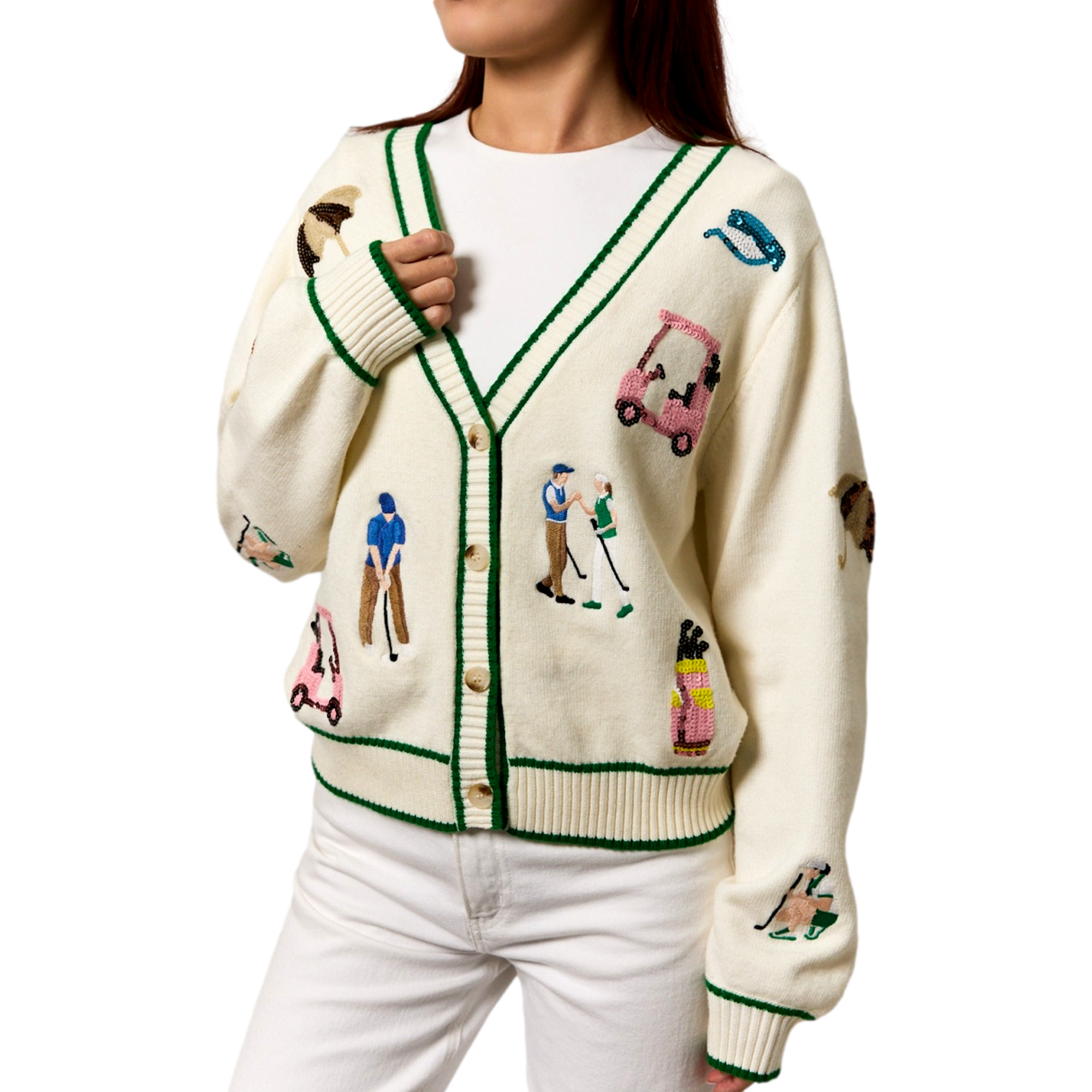 Sequin Icon Embroidered Women's Cardigan Golf Sweater