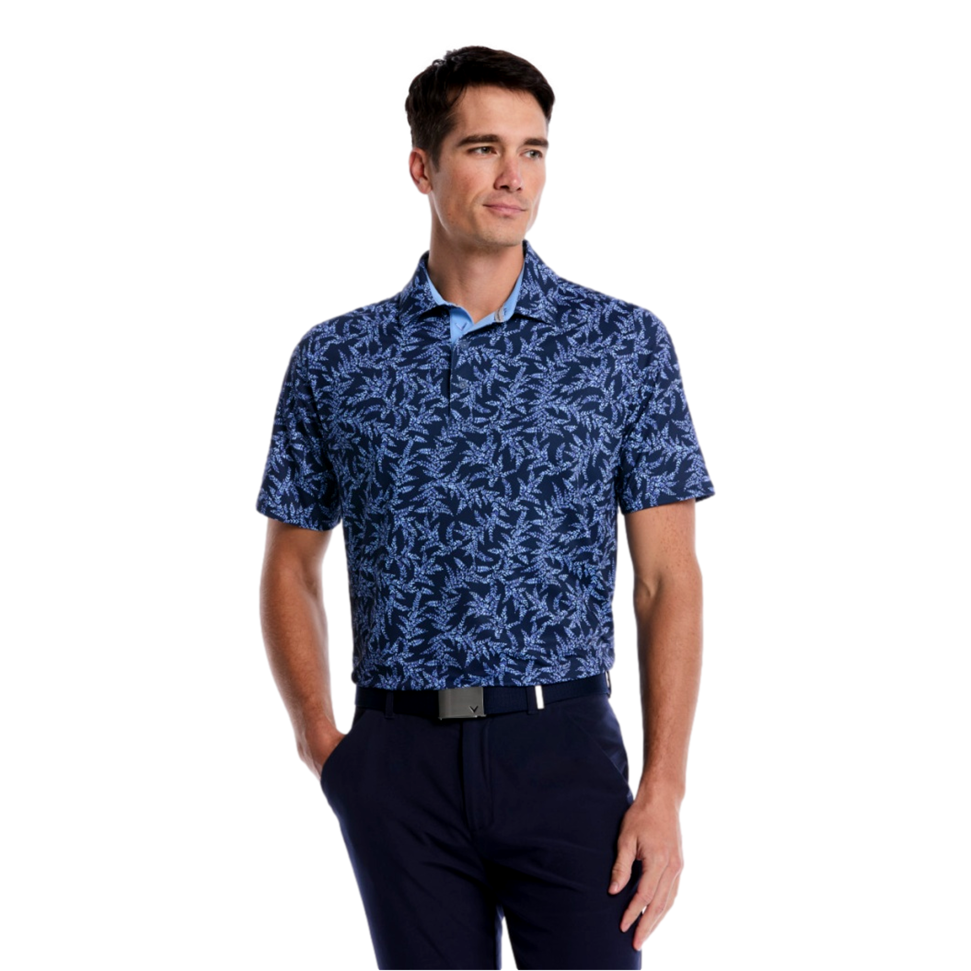 Callaway Men's Chevron Botanical Print Golf Polo Shirt, Navy Blue, Polyester/Elastane