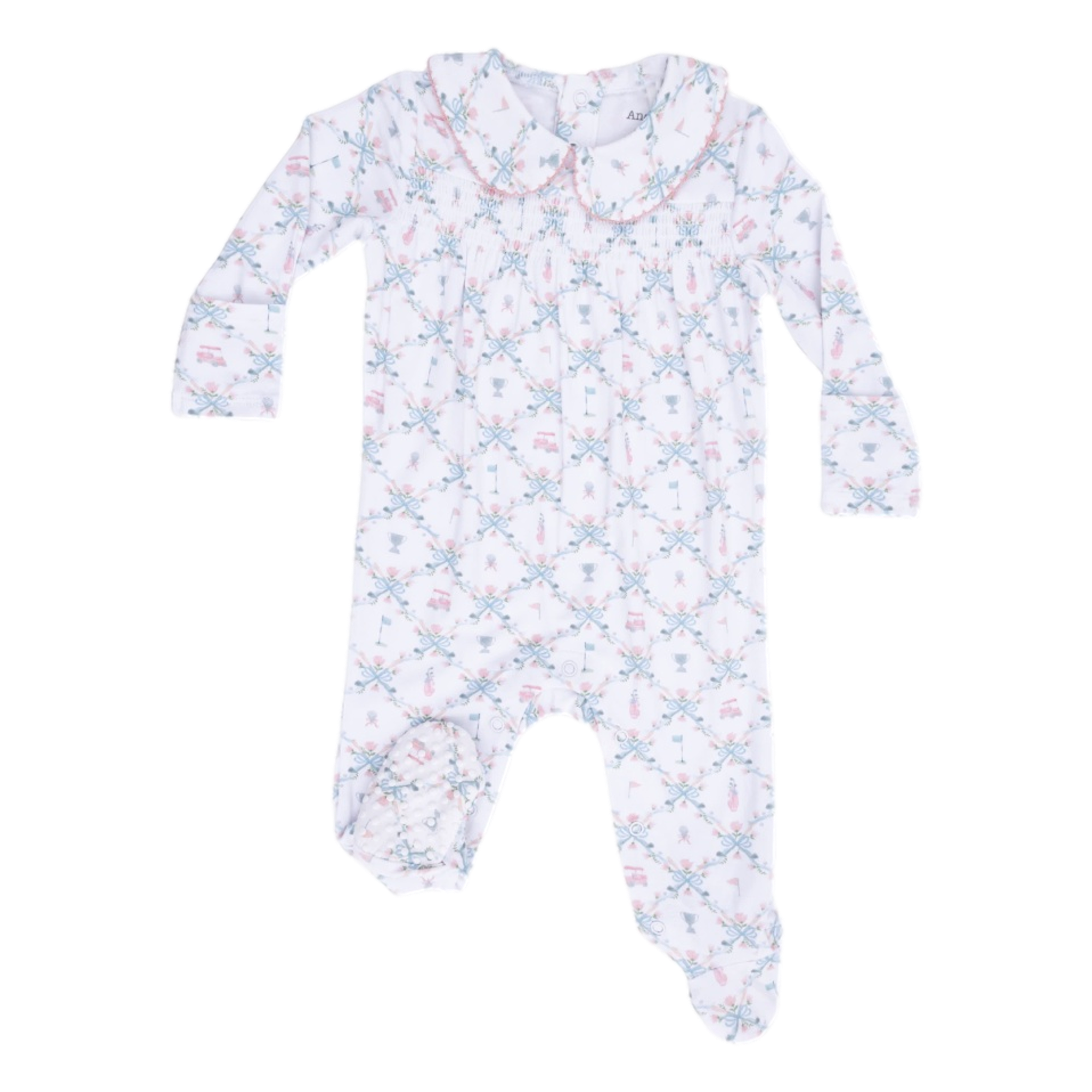 Golf Trellis Pink Girl's Smocked Peter Pan Snap Footie