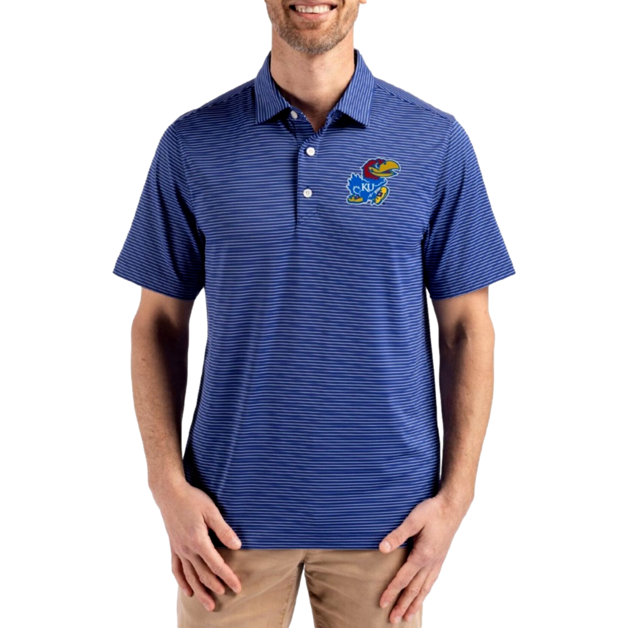 Kansas Jayhawks Forge Recycled Fine Line Stripe Four-Way Stretch Men's Golf Polo Shirt