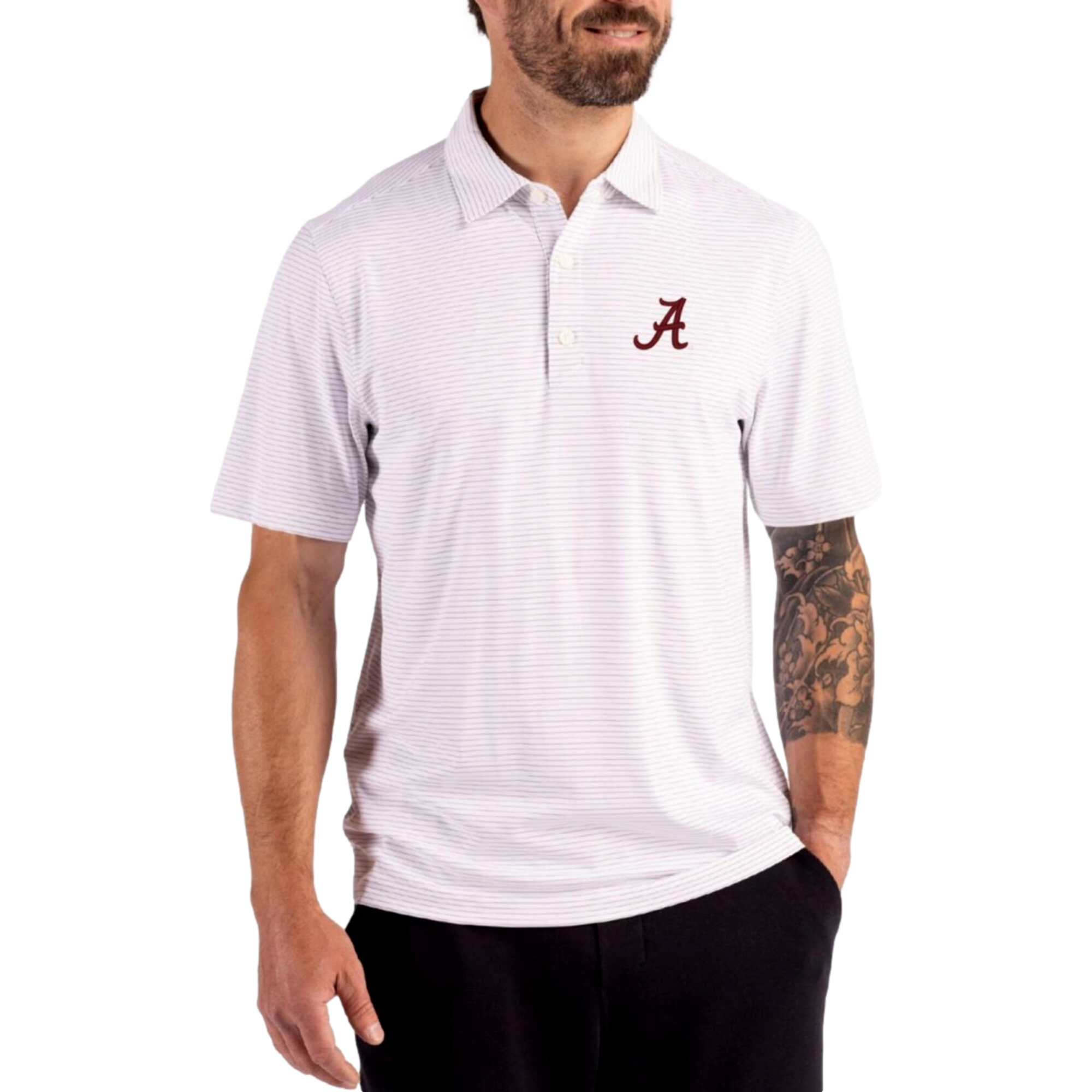 Alabama Crimson Tide Forge Recycled Fine Line Stripe Four-Way Stretch Men's Golf Polo Shirt