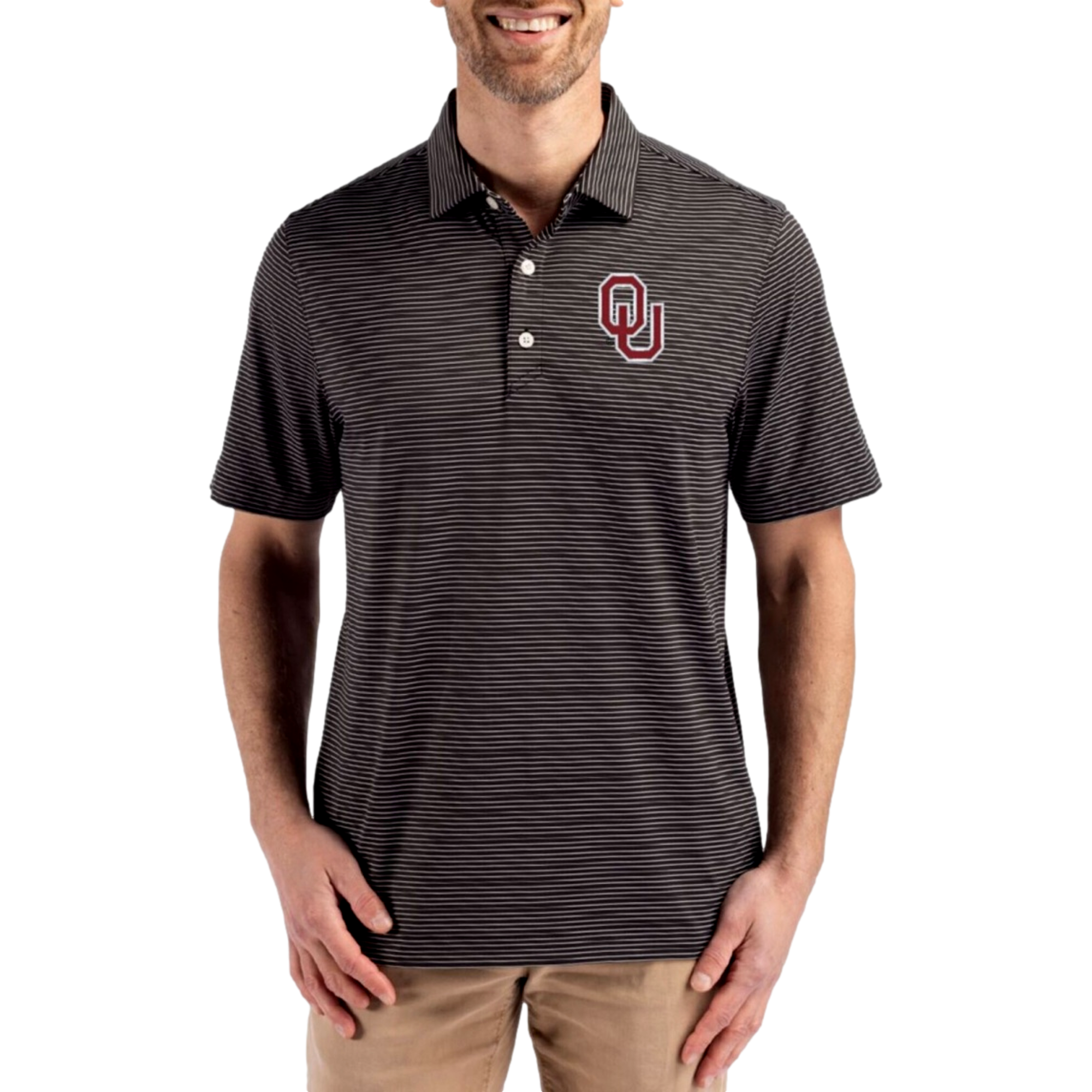 Oklahoma Sooners Forge Recycled Fine Line Stripe Four-Way Stretch Men's Golf Polo Shirt