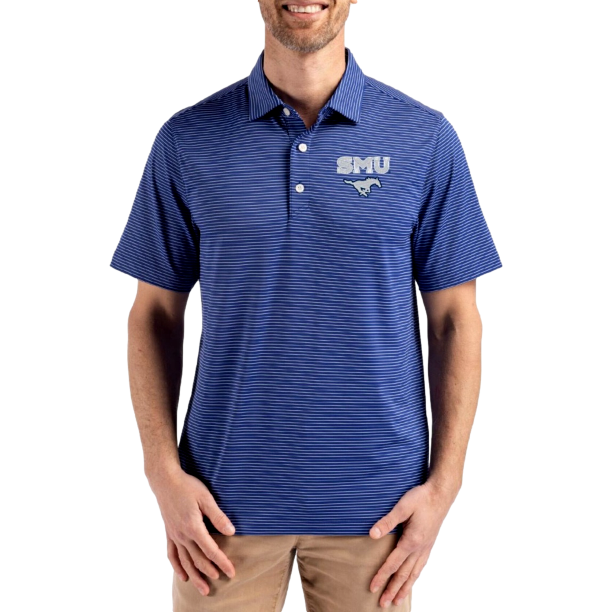 SMU Mustangs Forge Recycled Fine Line Stripe Four-Way Stretch Men's Golf Polo Shirt
