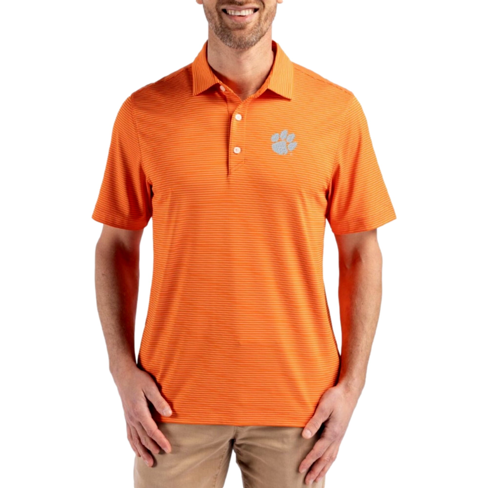 Clemson Tigers Forge Recycled Fine Line Stripe Four-Way Stretch Men's Golf Polo Shirt