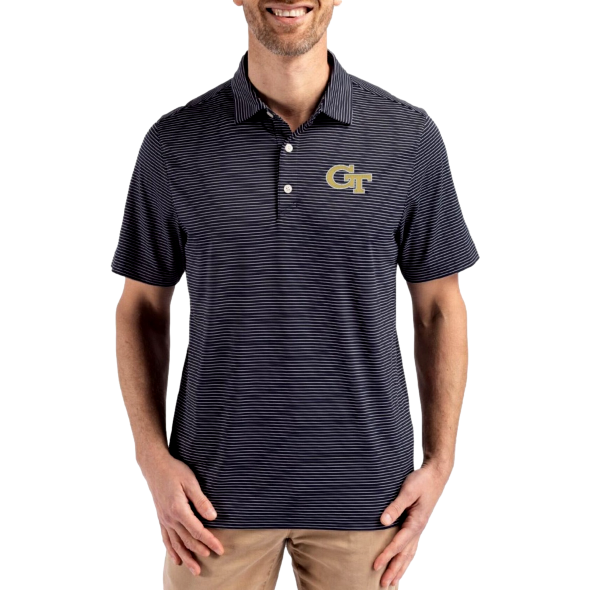 Georgia Tech Yellow Jackets Forge Recycled Fine Line Stripe Four-Way Stretch Men's Golf Polo Shirt