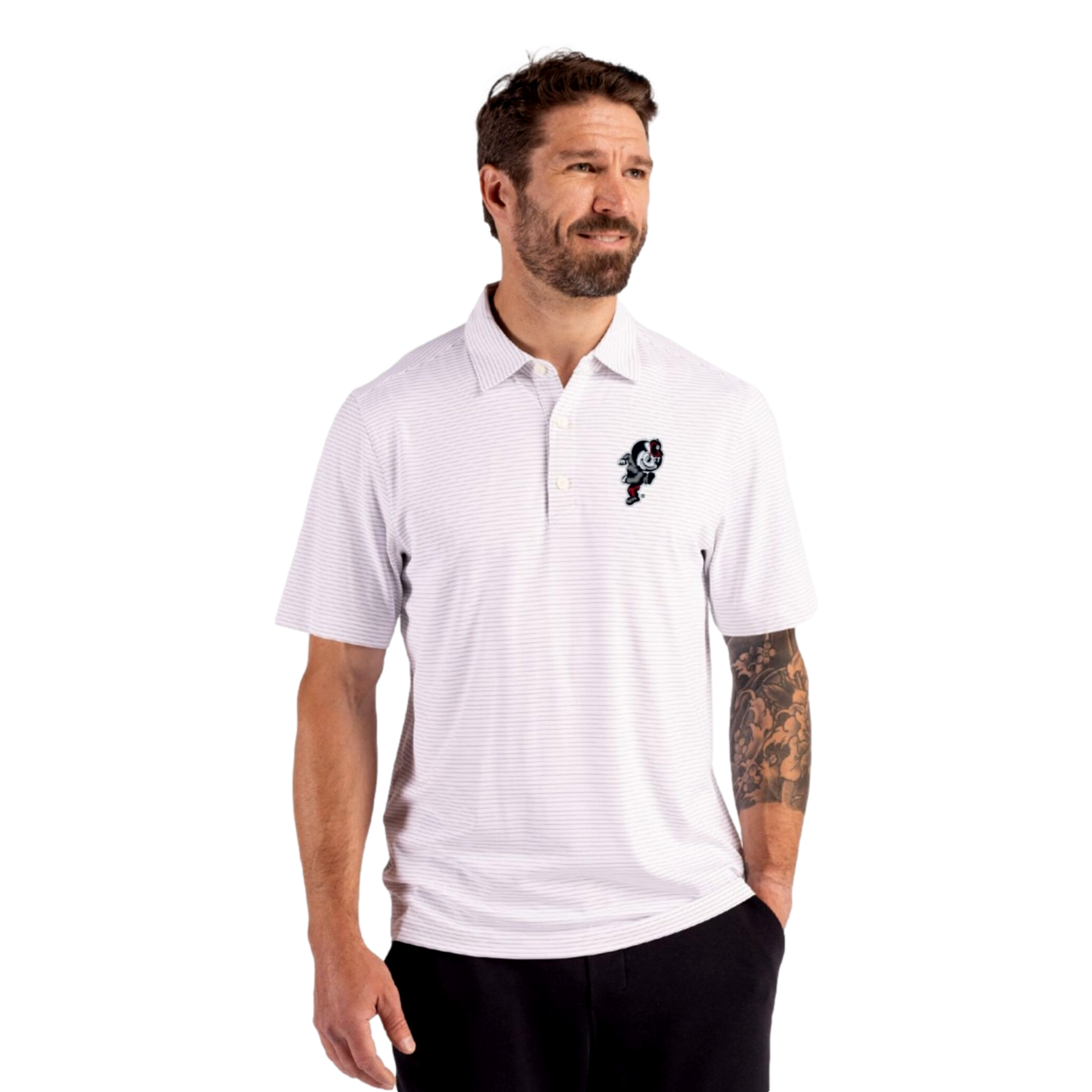 Ohio State Buckeyes Forge Recycled Fine Line Stripe Four-Way Stretch Men's Golf Polo Shirt