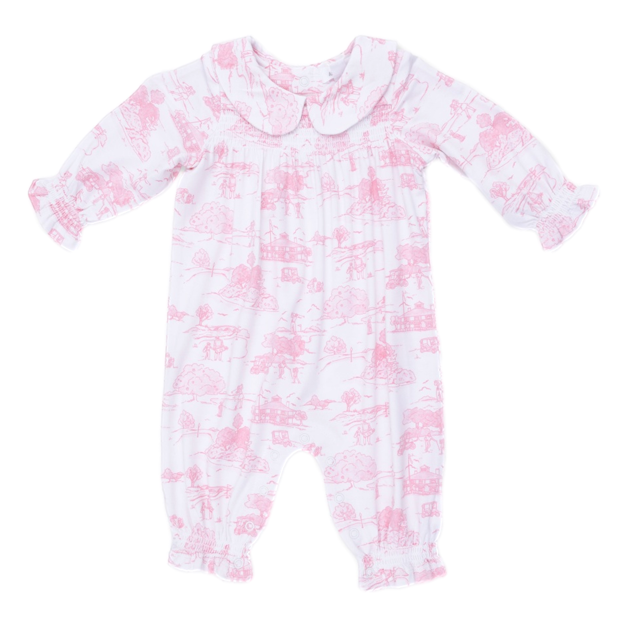 Golf Toile Pink Girls Smocked Long Sleeve Romper