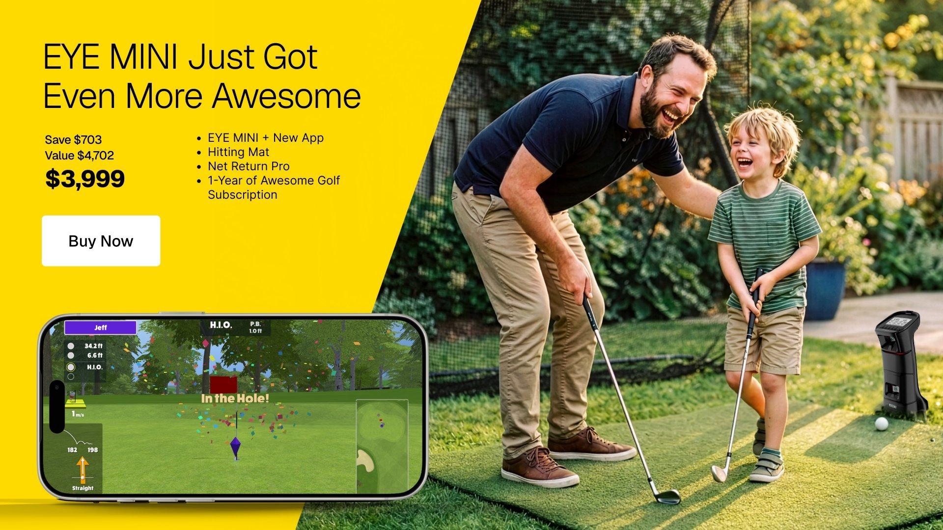 Eye Mini Golf Simulator Bundle - Awesome Bundle with Uneekor Eye Mini Launch Monitor + Hitting Mat and Net Return Pro