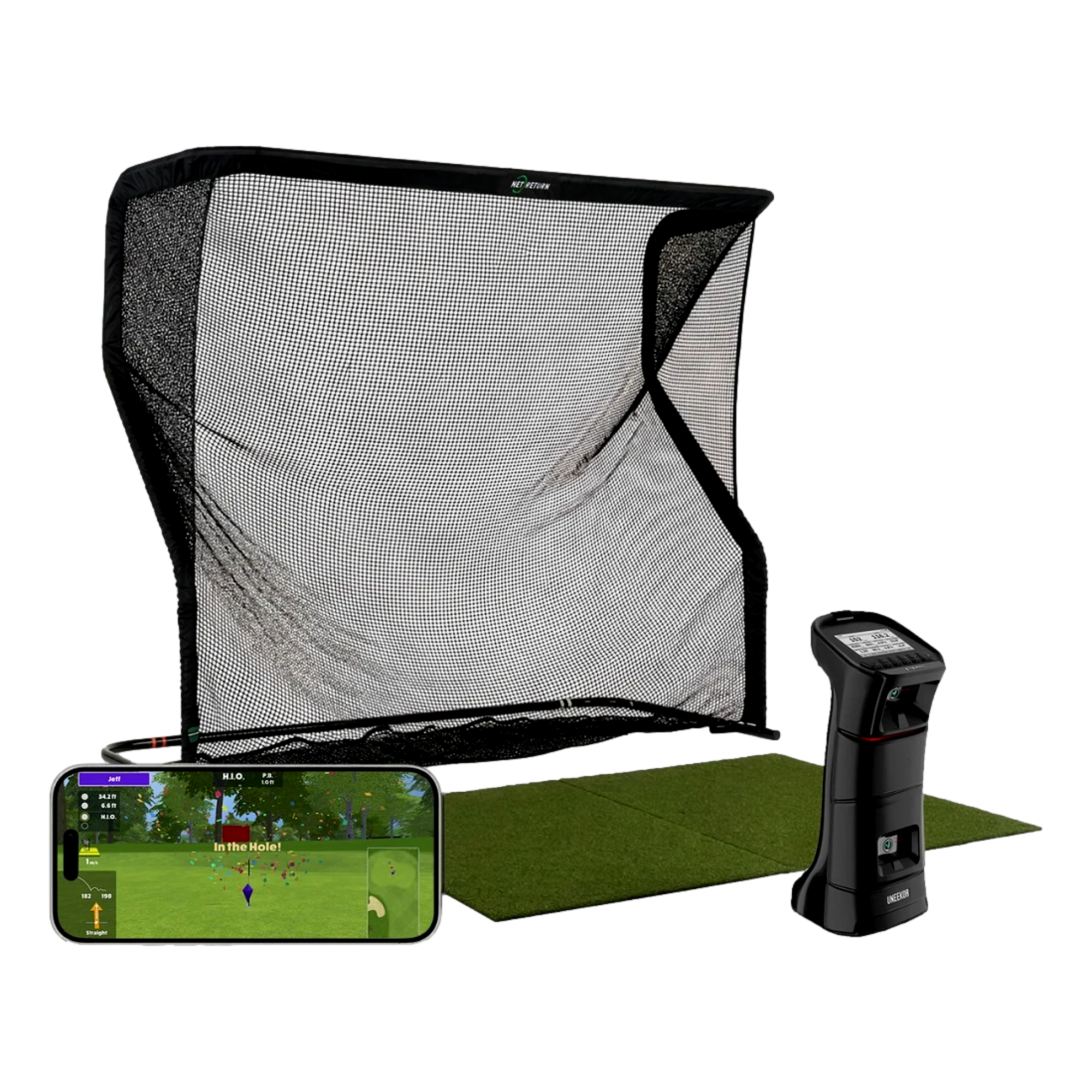 Eye Mini Golf Simulator Bundle - Awesome Bundle with Uneekor Eye Mini Launch Monitor + Hitting Mat and Net Return Pro