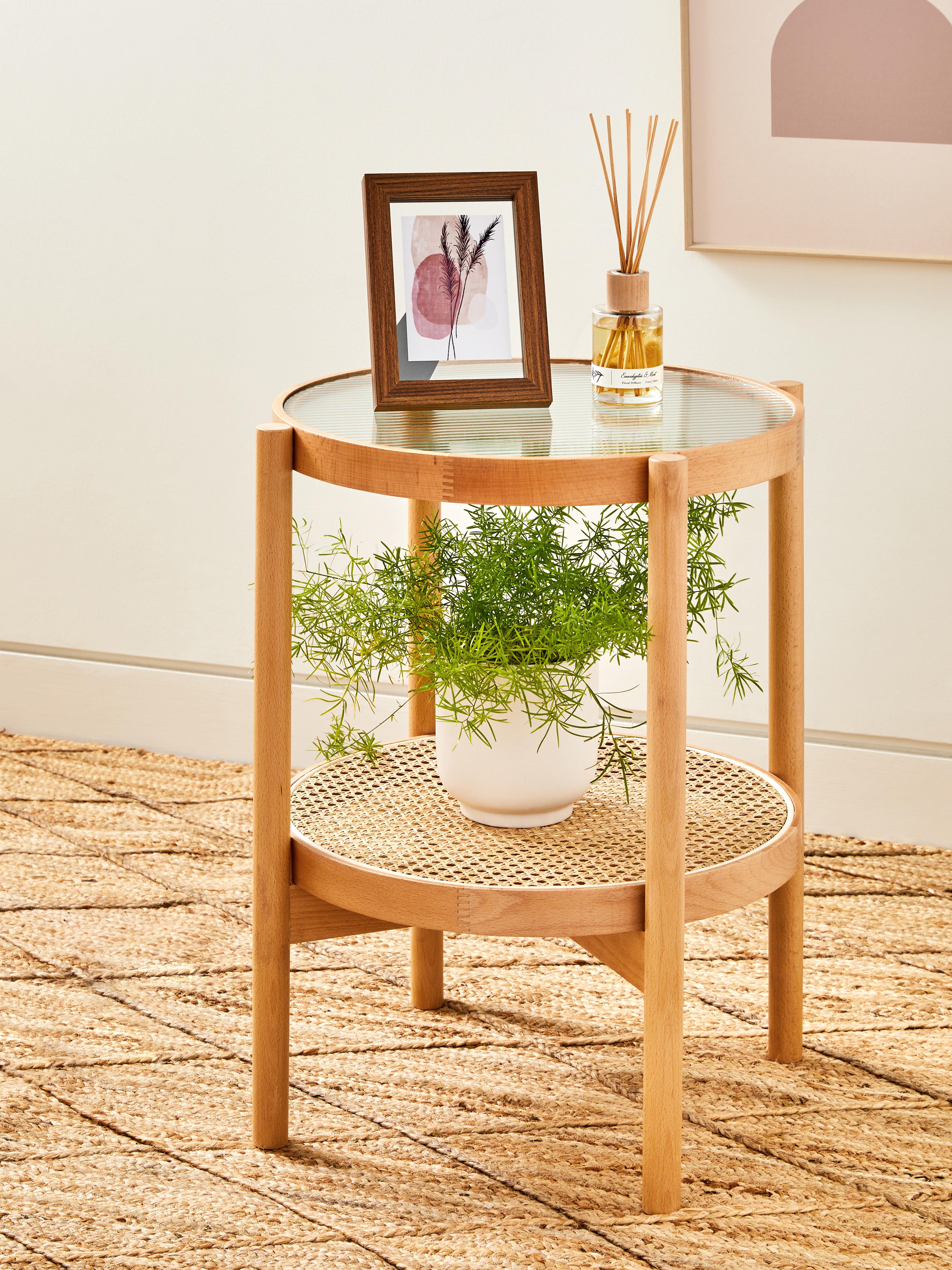 Round Rattan and Glass Side Table