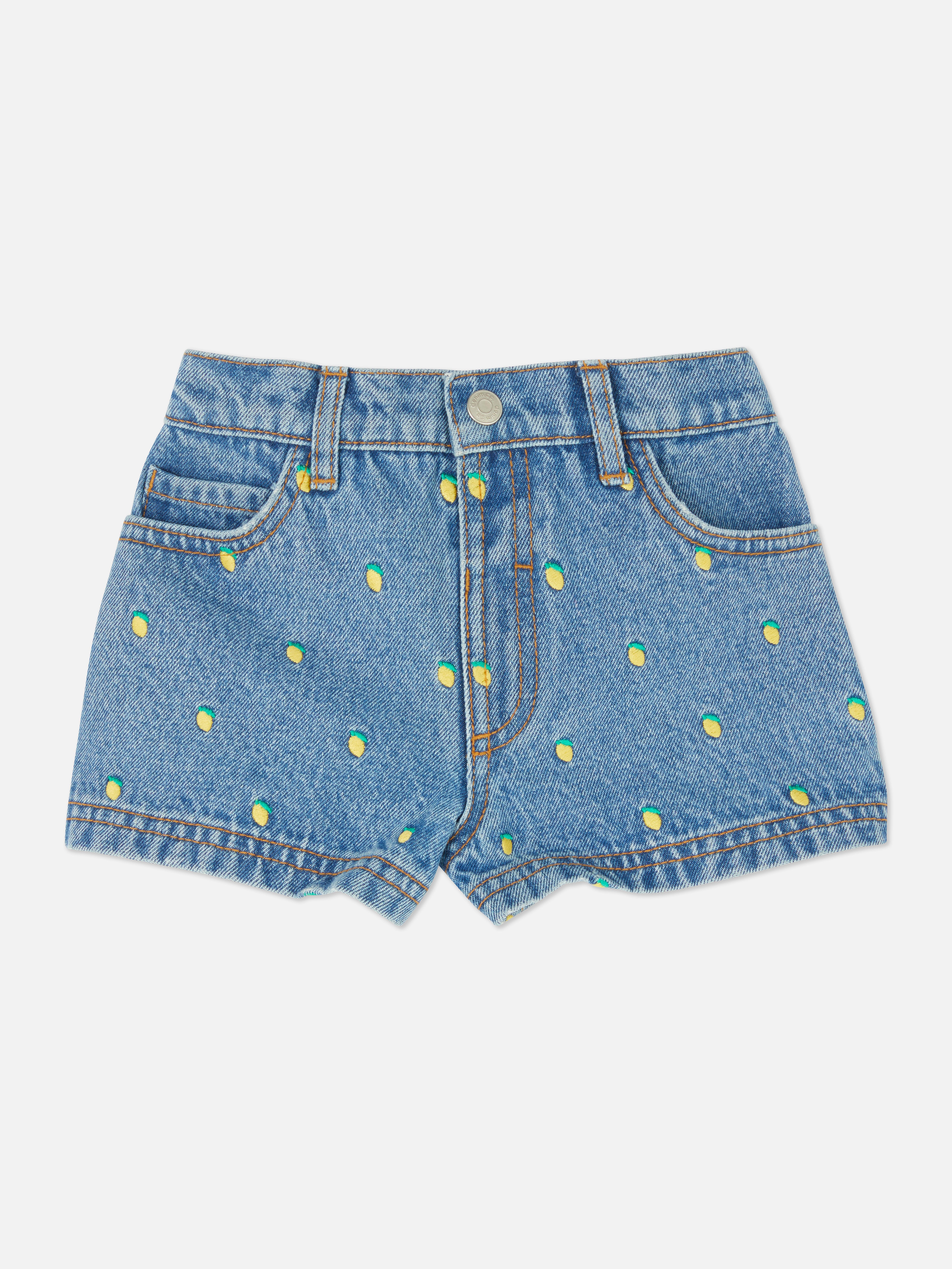 Embroidered Lemon Denim Shorts