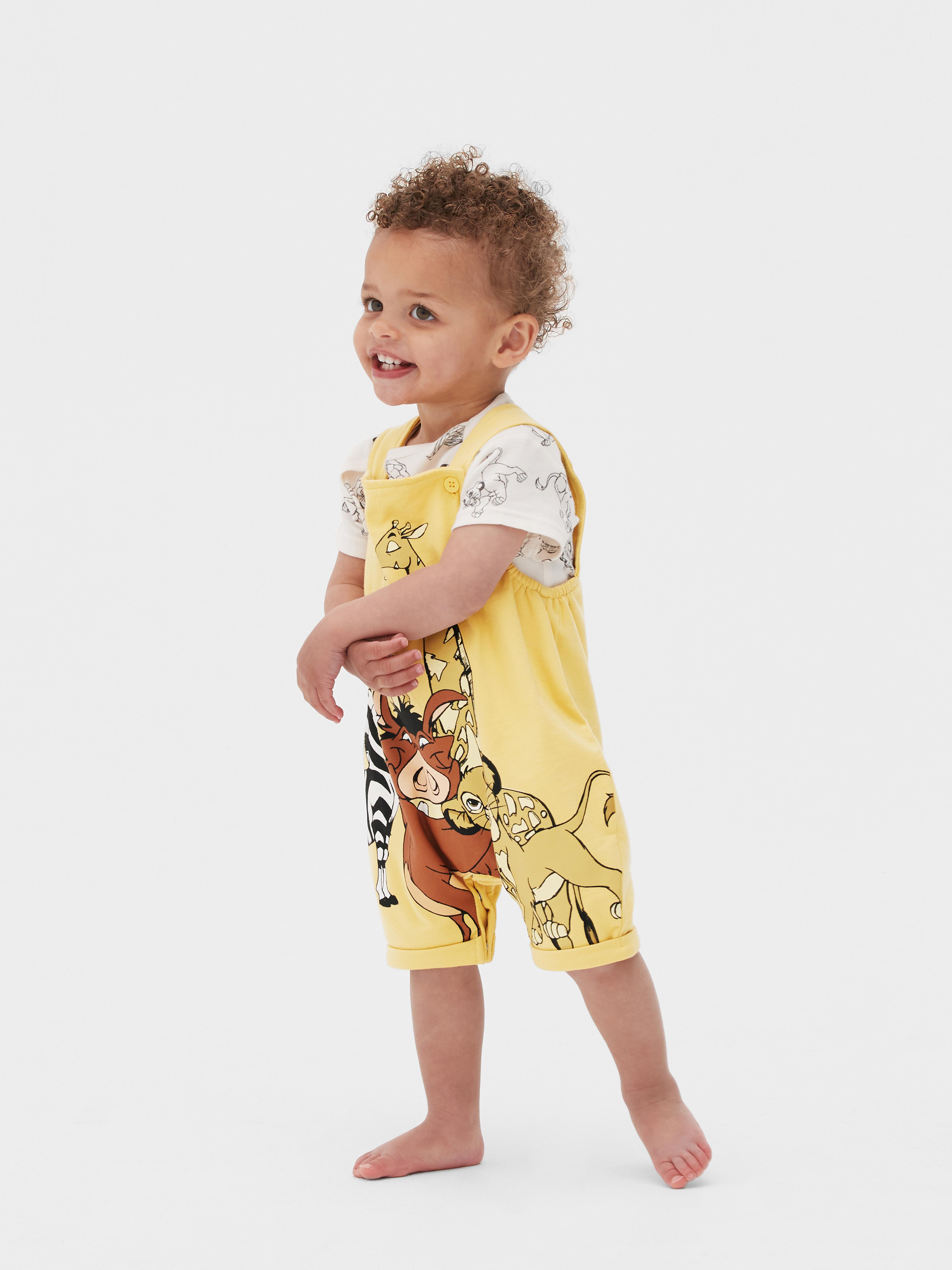 Babyhug Disney Single Jersey Knit Dungaree with Half Sleeve T-Shirt Lion King Print - Yellow
